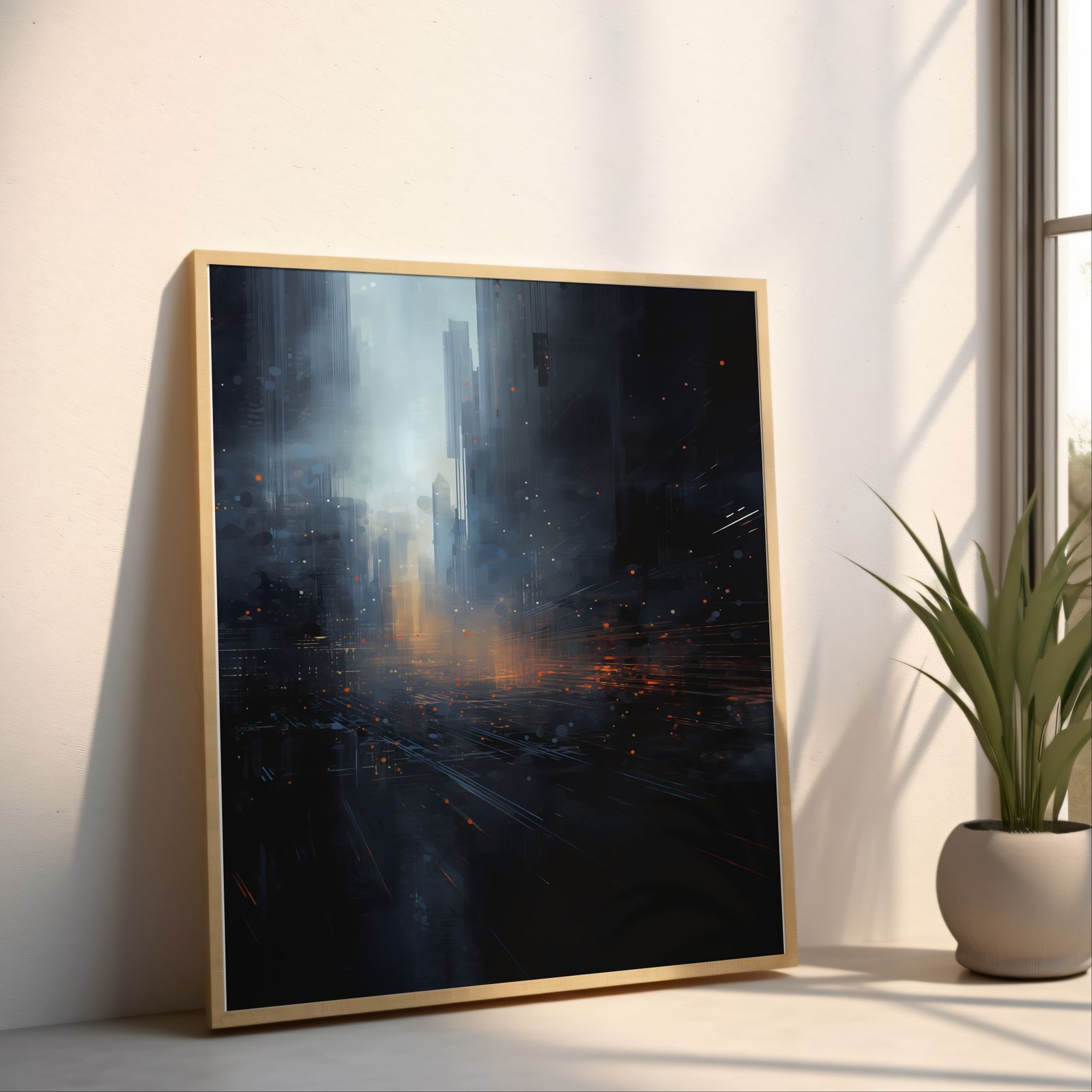 Cityscape at Dawn shown in a room — angled mockup