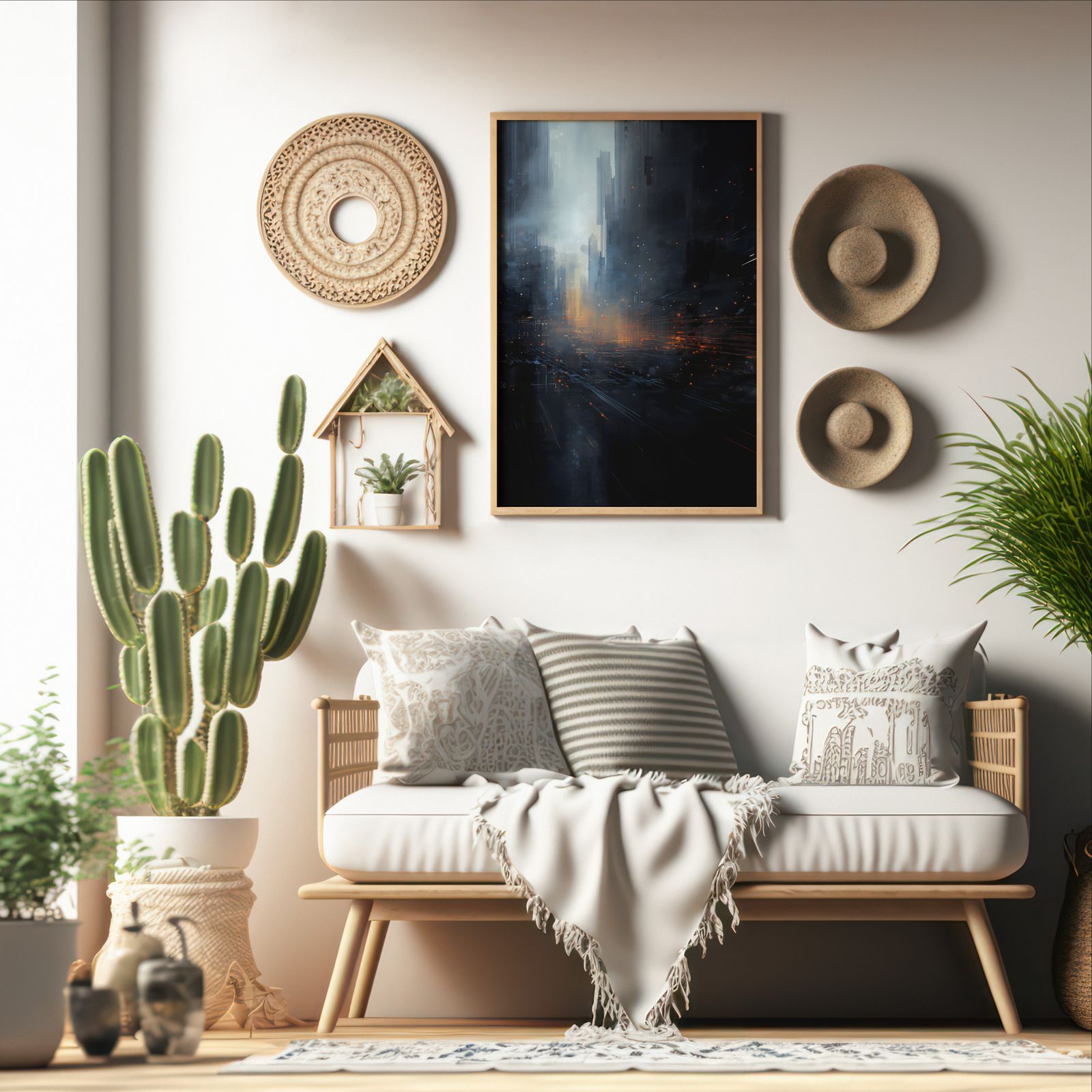 Cityscape at Dawn shown in a room — boho mockup