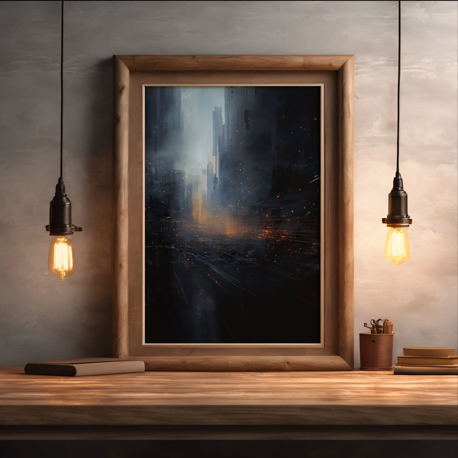 Cityscape at Dawn shown in a room — desk mockup