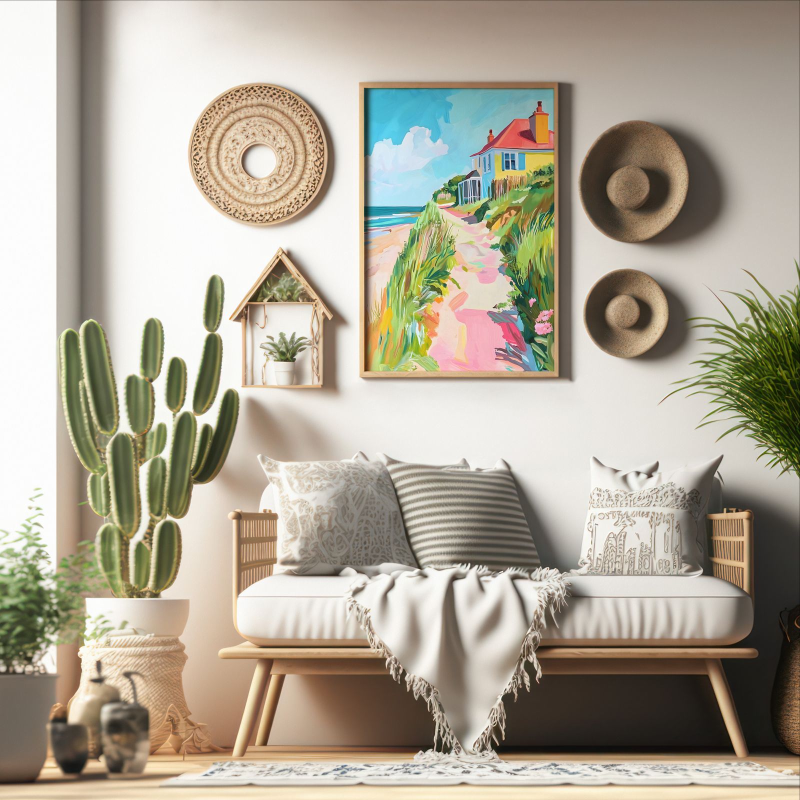 Coastal Summer House shown in a room — boho mockup