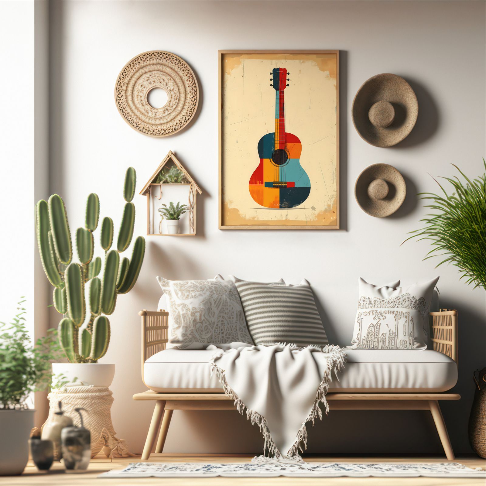 Color Block Guitar shown in a room — boho mockup