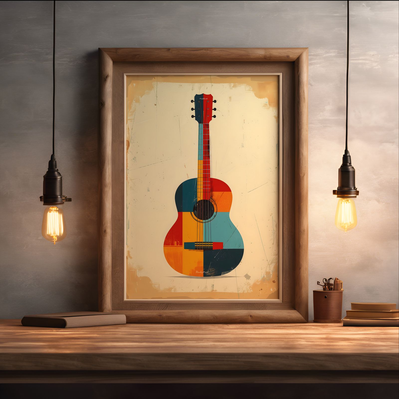 Color Block Guitar shown in a room — desk mockup