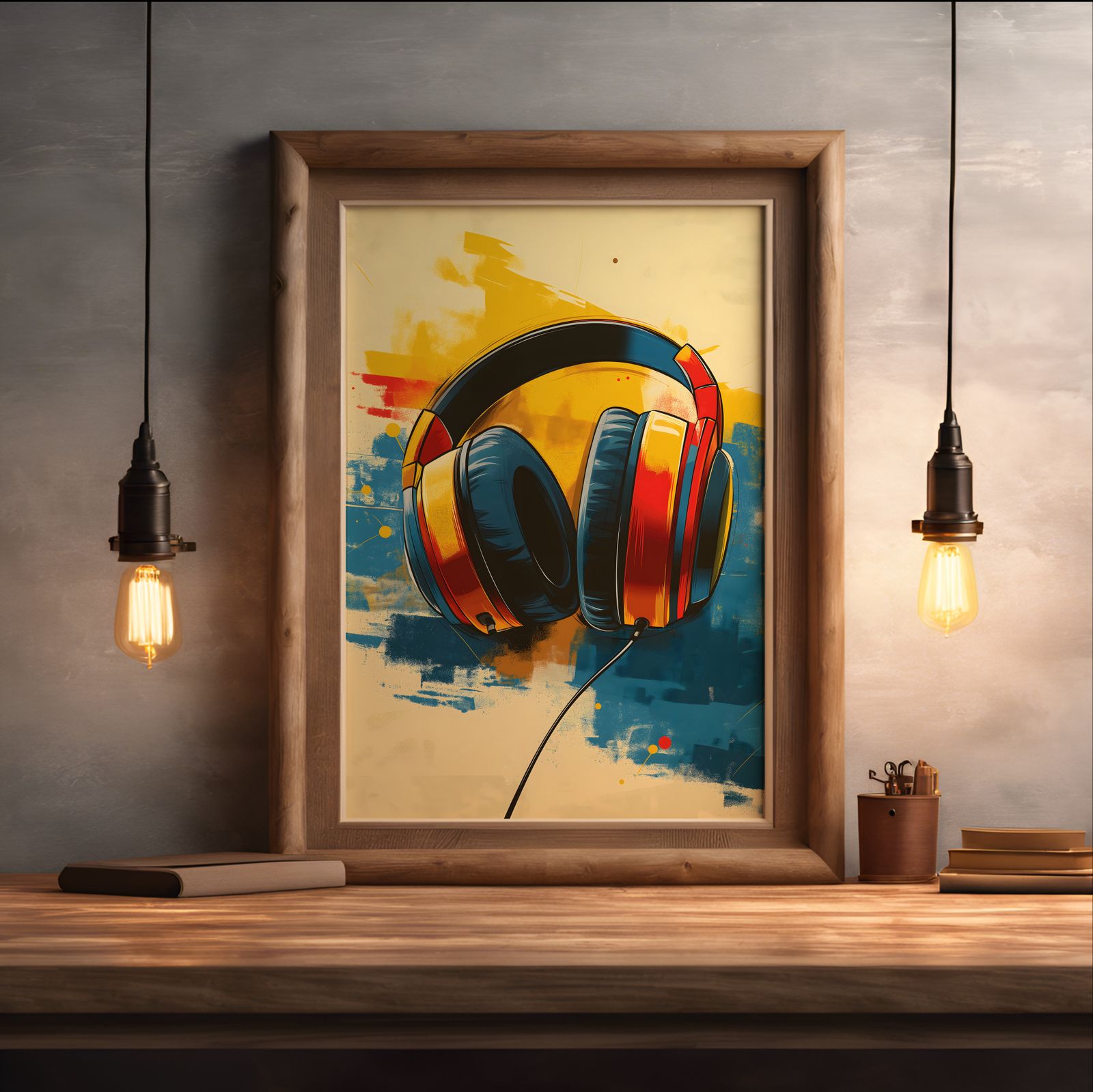 Soundcheck: Headphones shown in a room — desk mockup