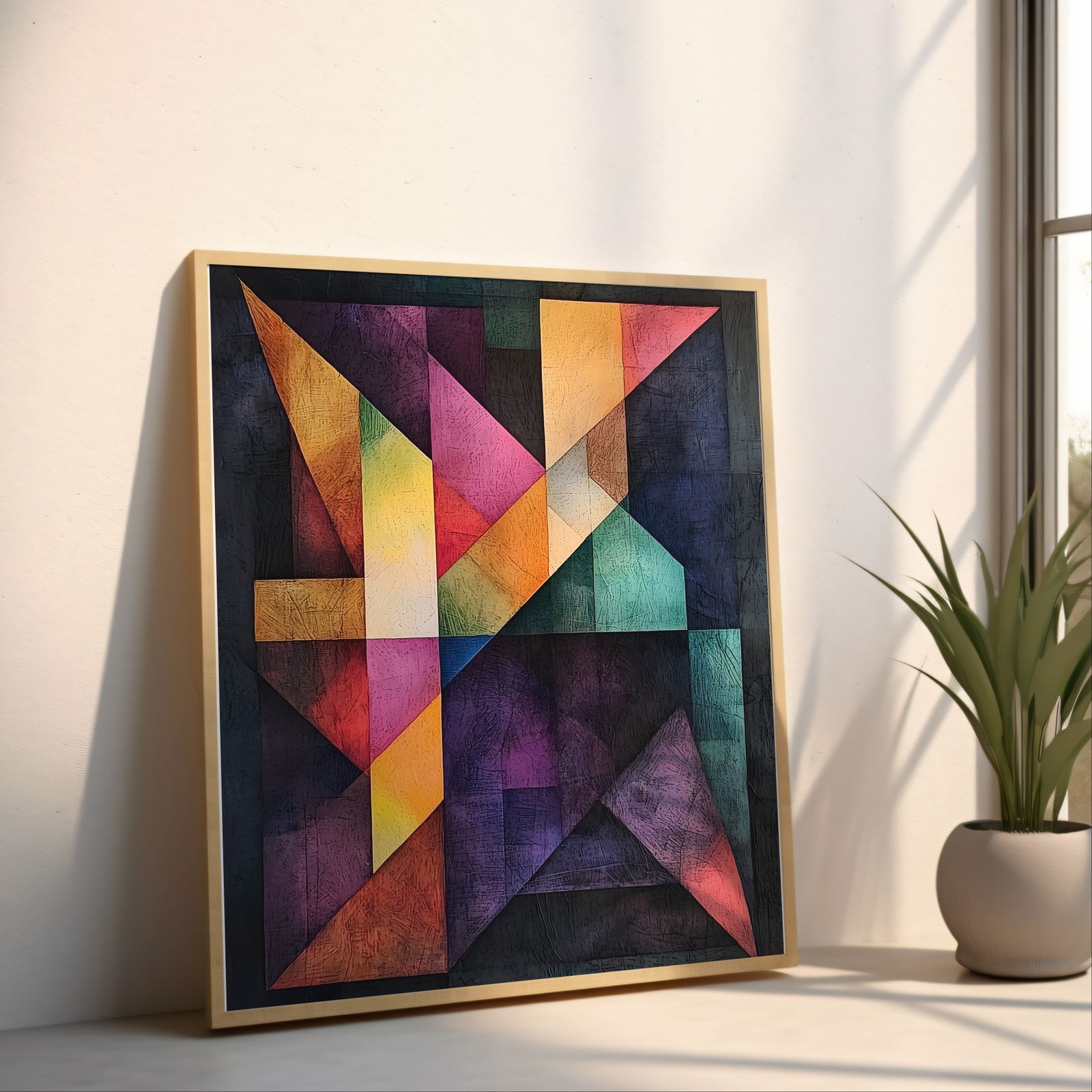 Colorful Tangram shown in a room — angled mockup