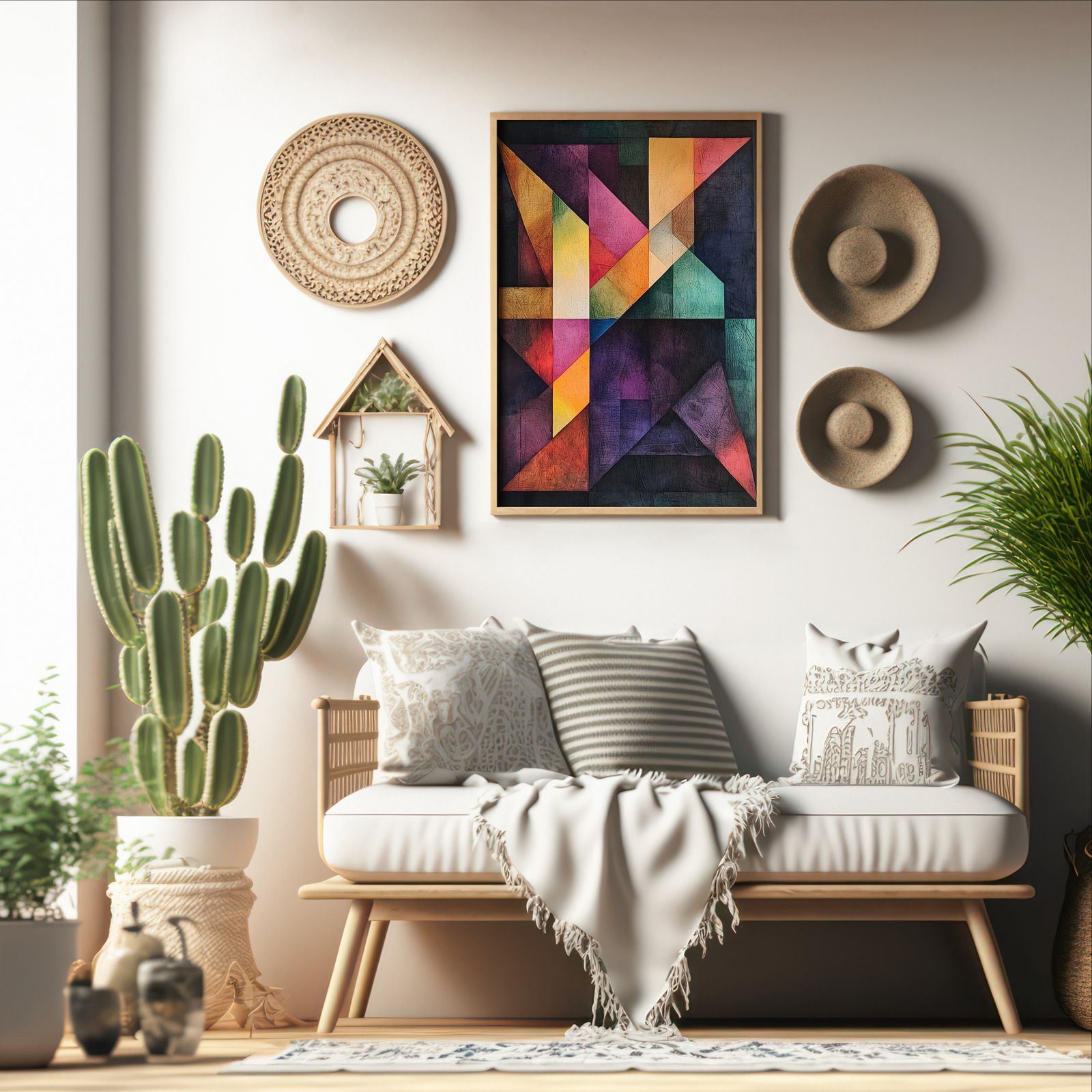 Colorful Tangram shown in a room — boho mockup