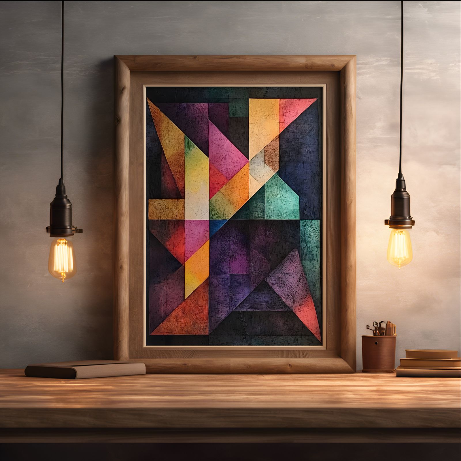 Colorful Tangram shown in a room — desk mockup