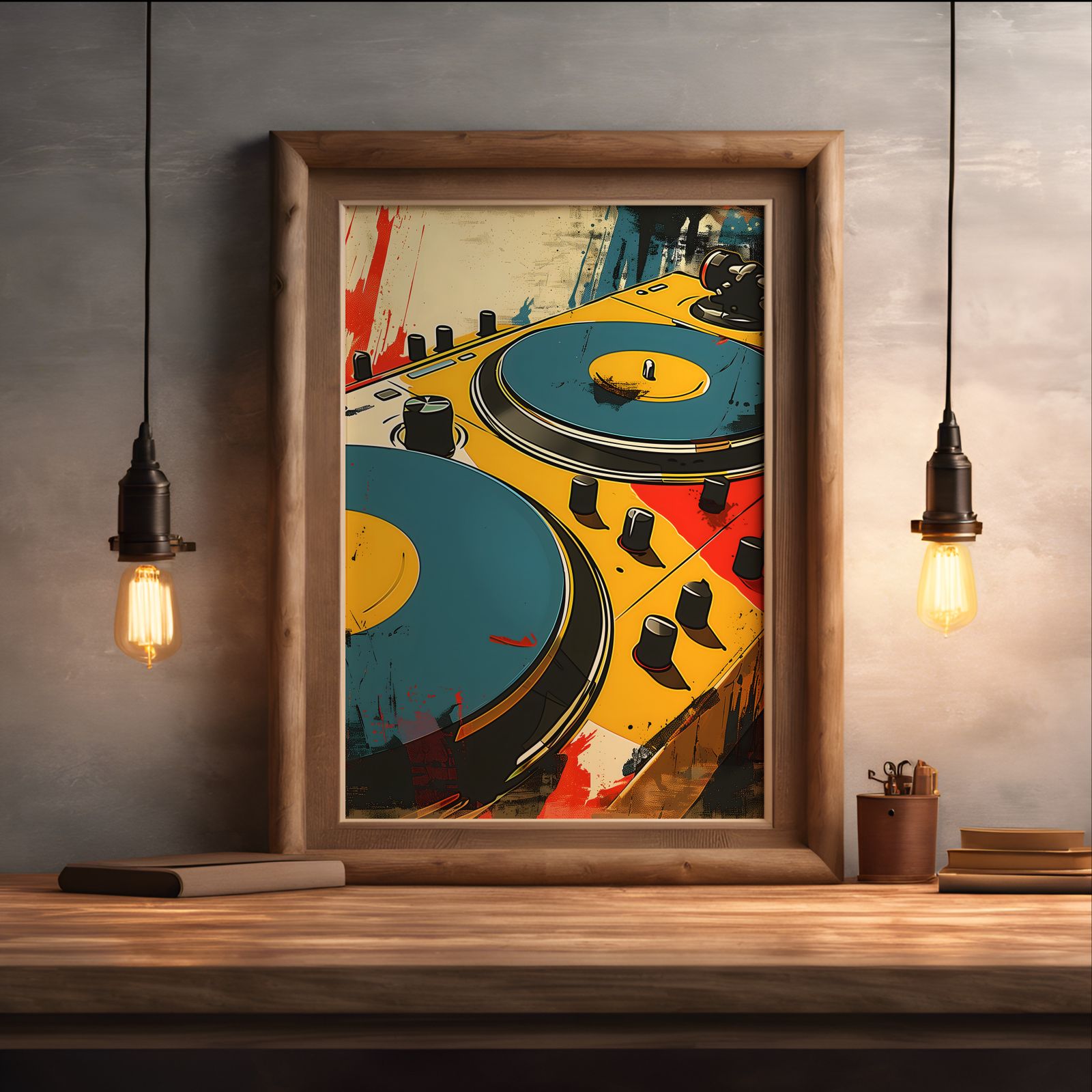 Soundcheck: Turntables shown in a room — desk mockup