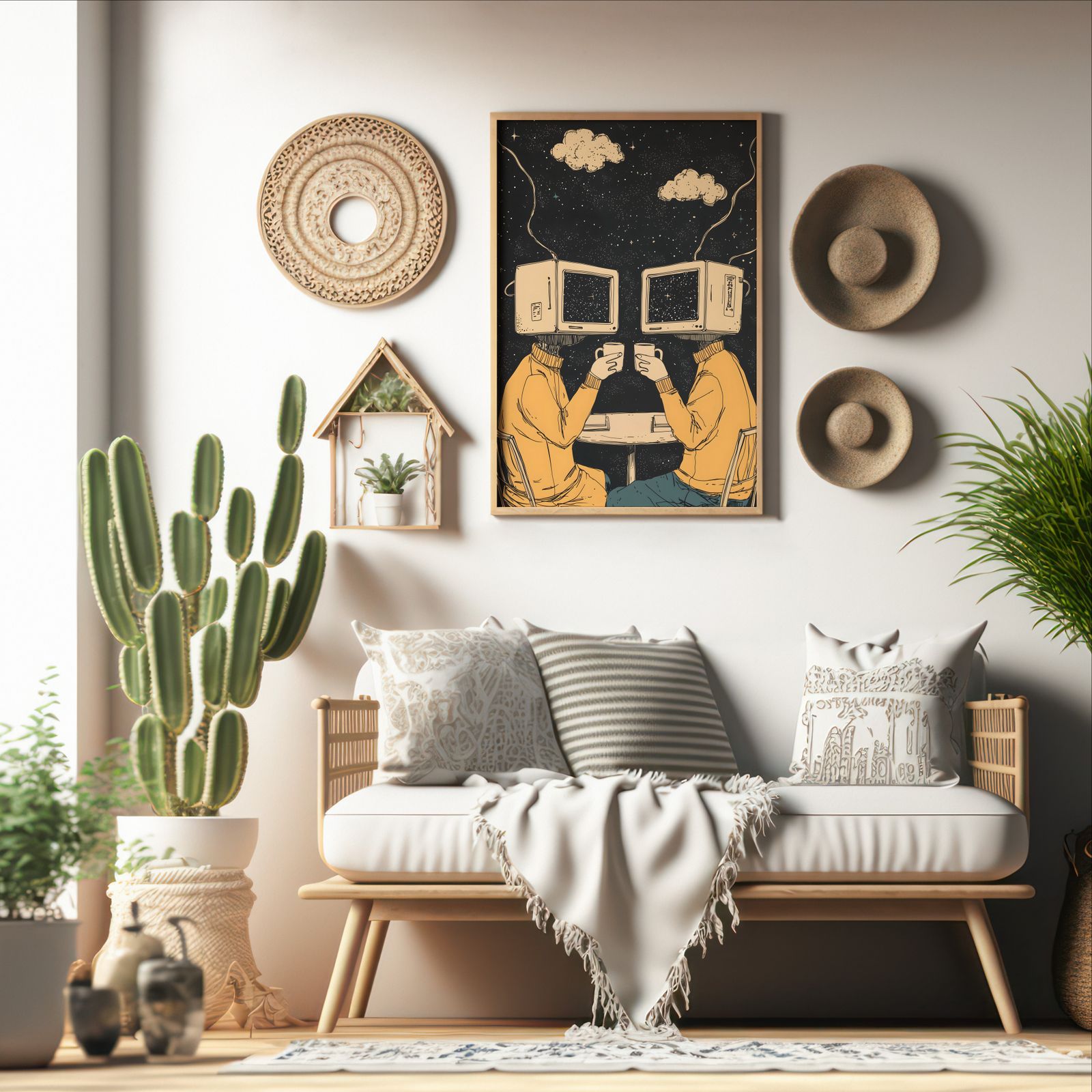Cyber Café shown in a room — boho mockup