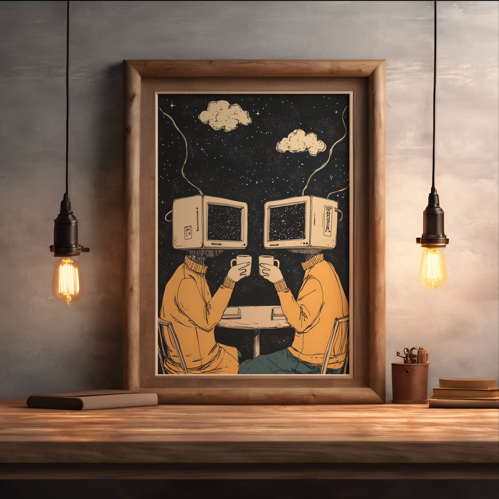 Cyber Café shown in a room — desk mockup