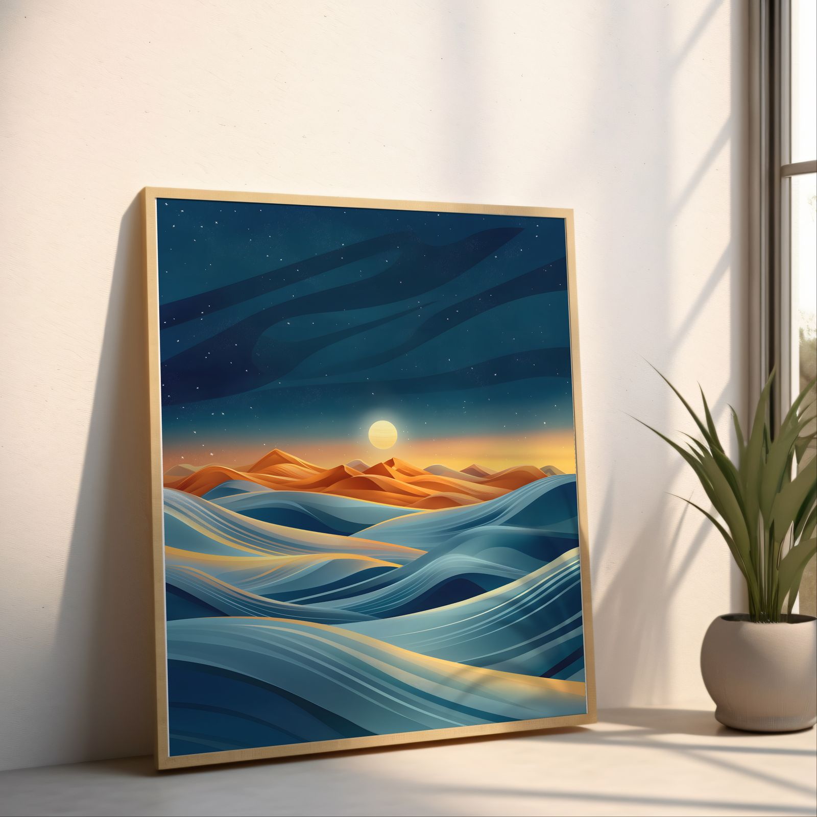Desert Sunrise shown in a room — angled mockup