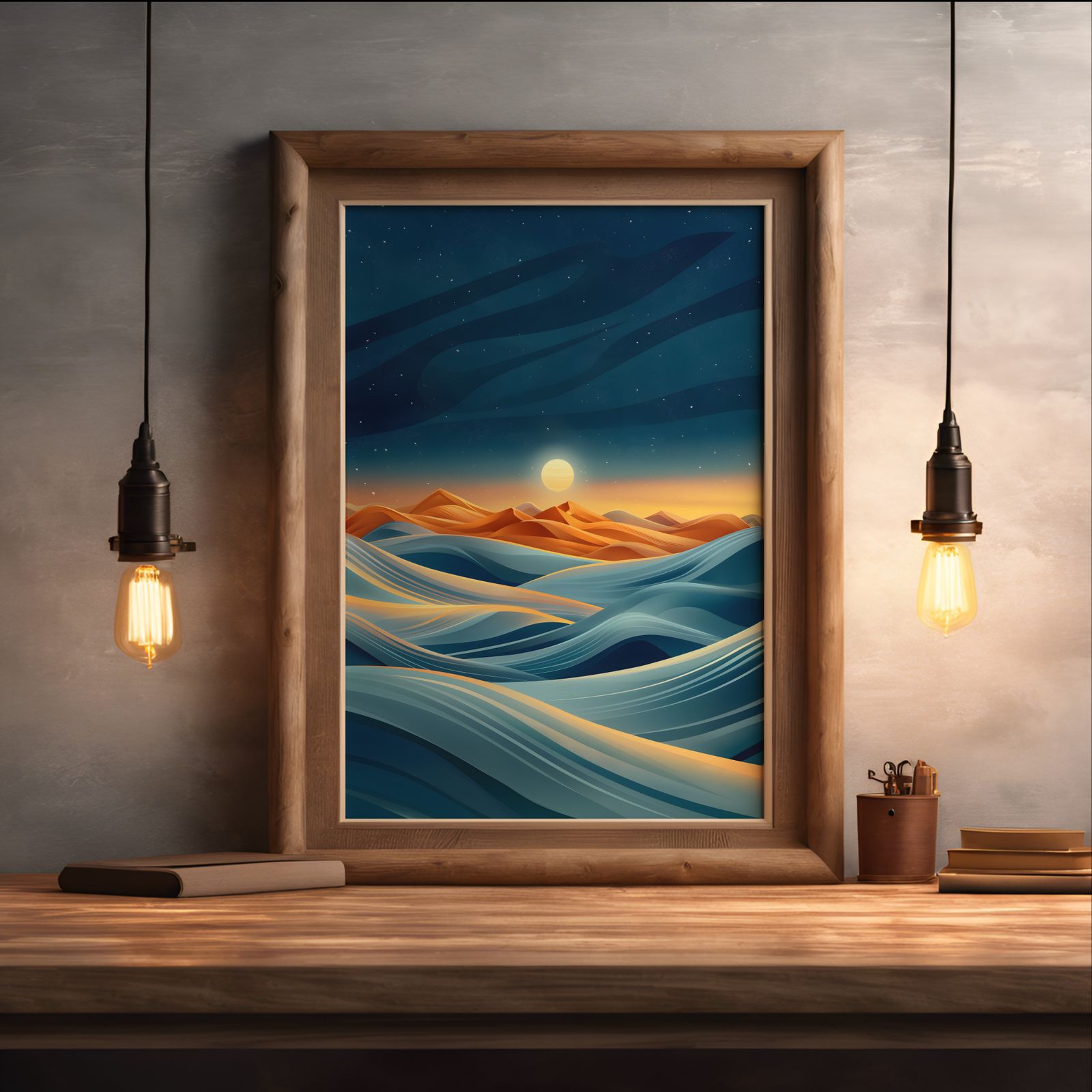 Desert Sunrise shown in a room — desk mockup