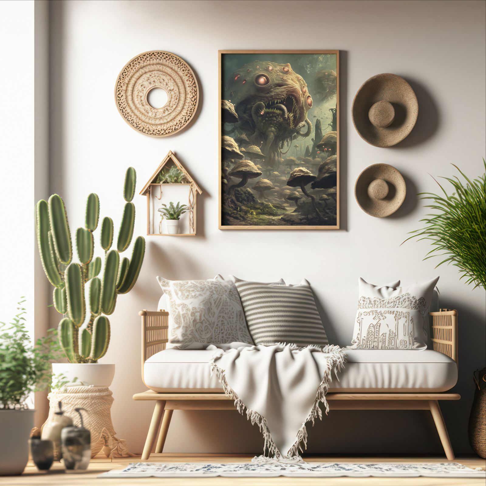 Distant War shown in a room — boho mockup