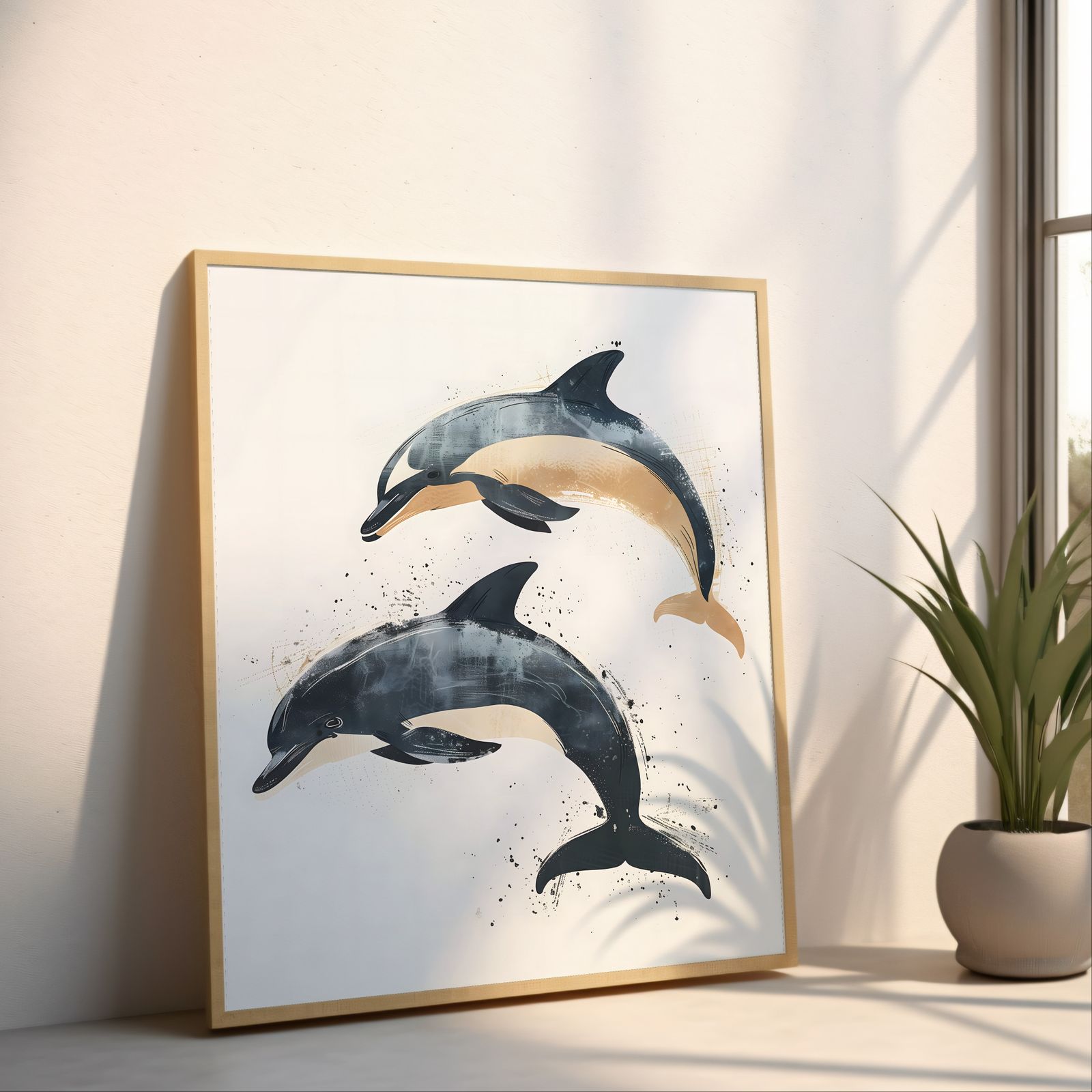 Leaping Dolphins shown in a room — angled mockup