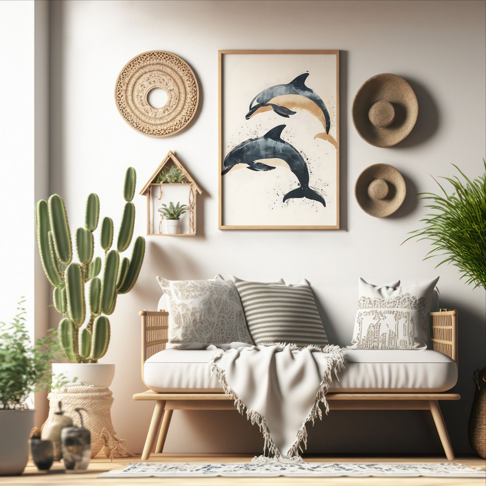 Leaping Dolphins shown in a room — boho mockup