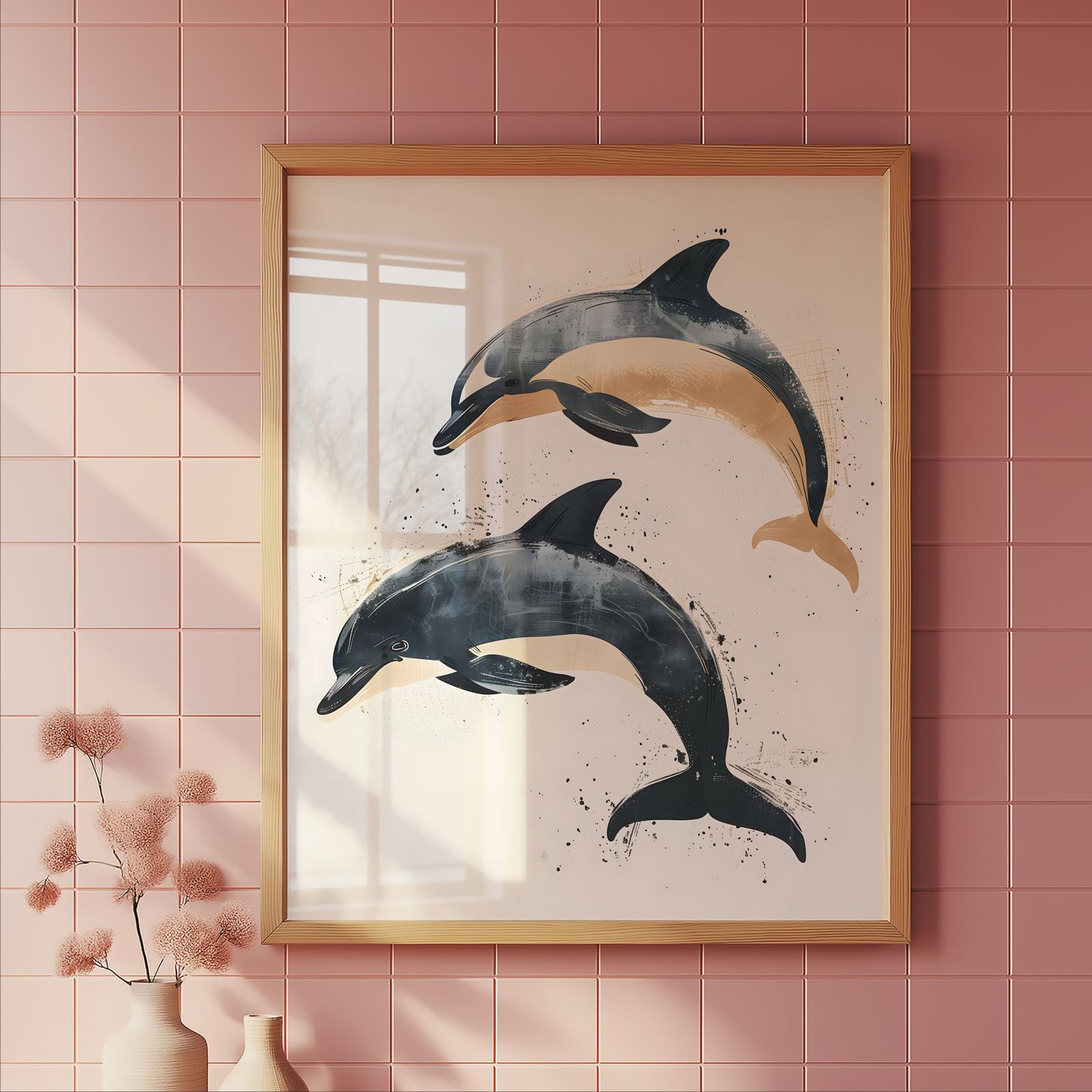 Leaping Dolphins shown in a room — tile mockup