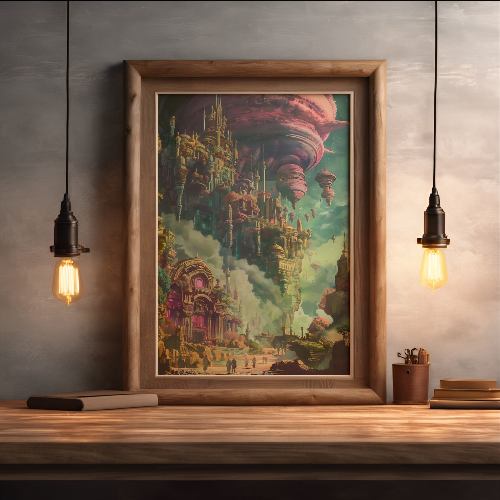 Floating City shown in a room — desk mockup