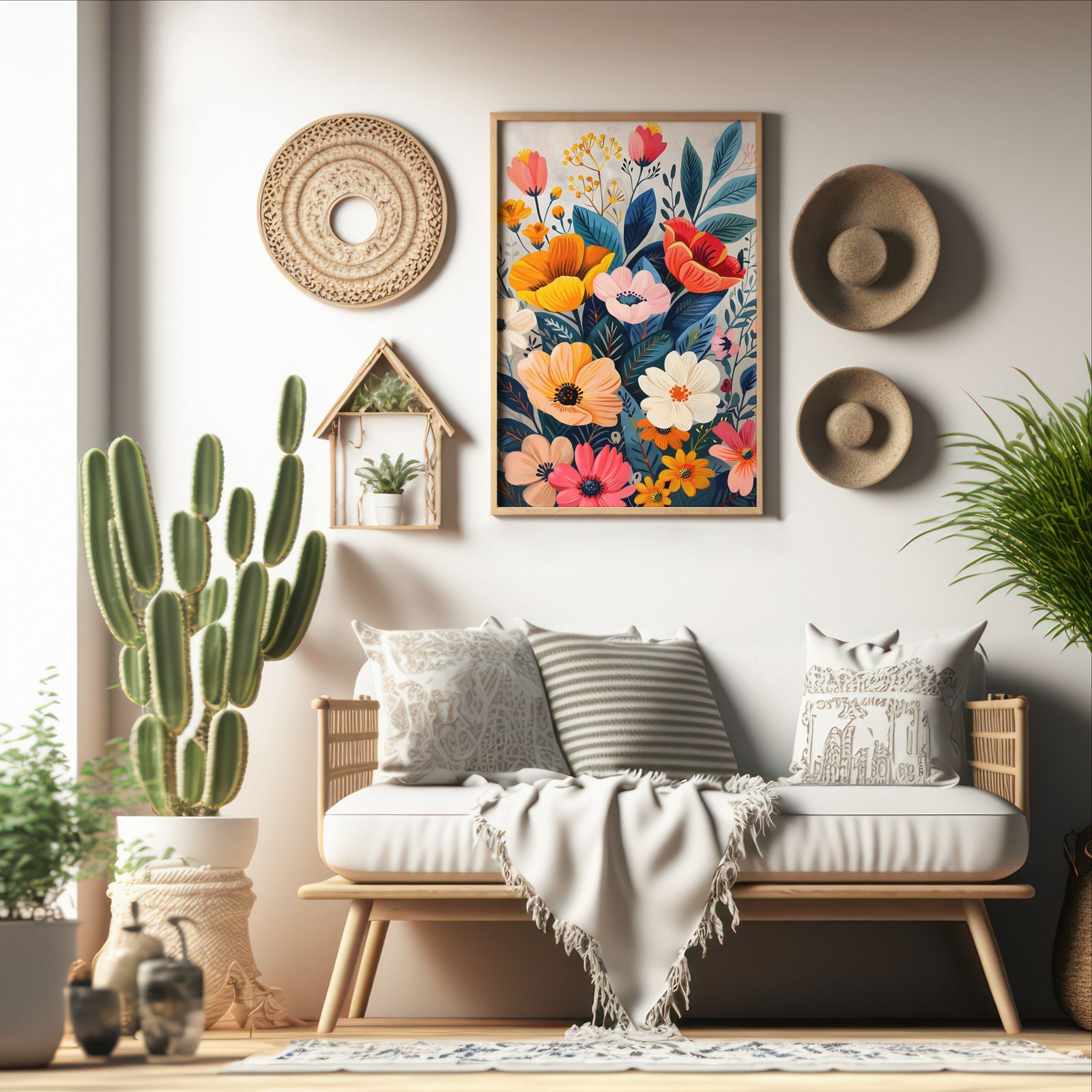 Floral on White shown in a room — boho mockup