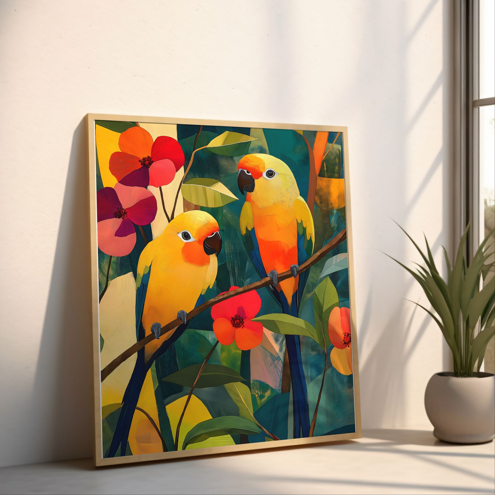 Floral Parakeets shown in a room — angled mockup