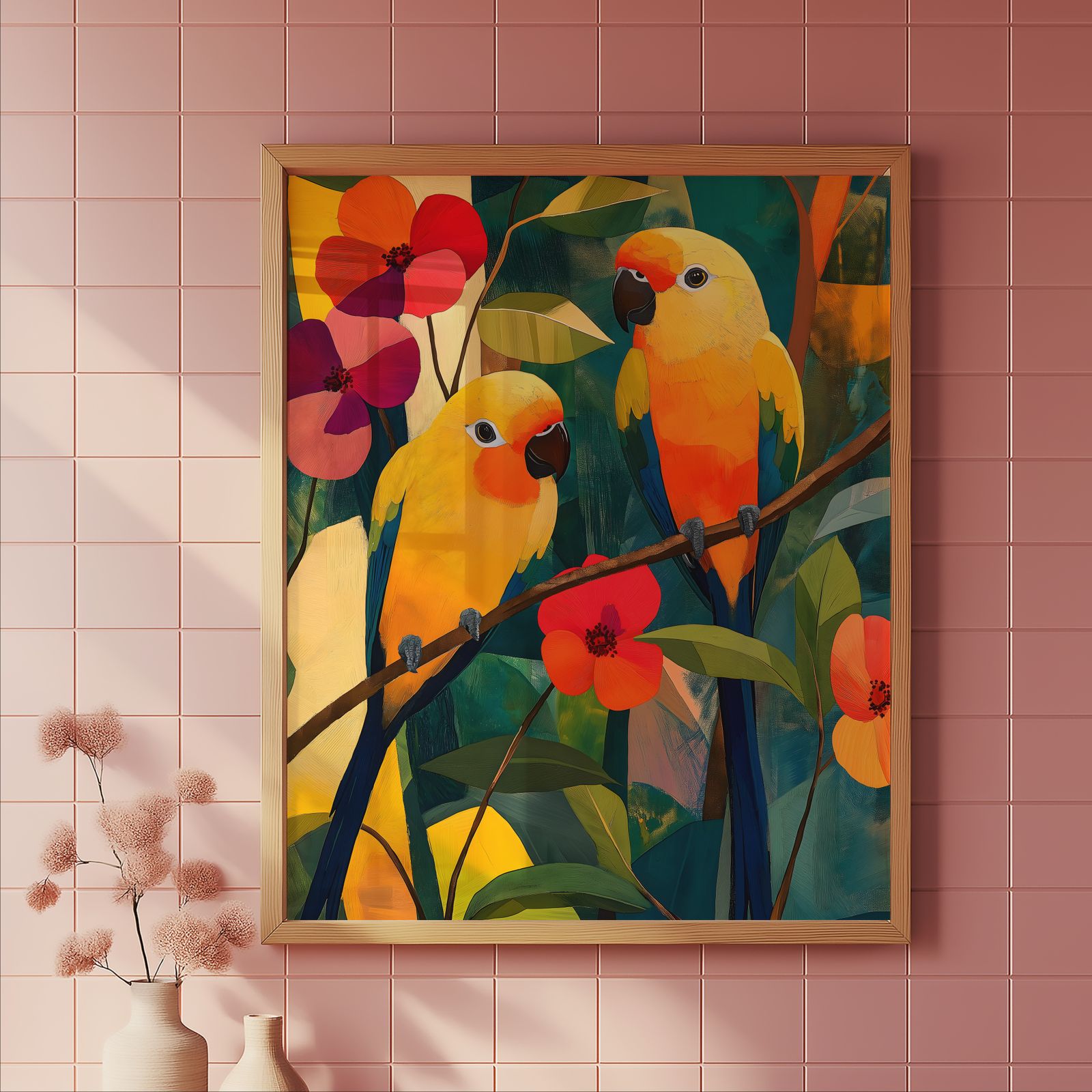 Floral Parakeets shown in a room — tile mockup