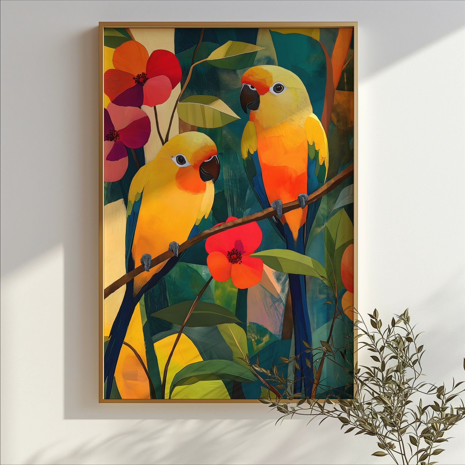 Floral Parakeets shown in a room — branch mockup