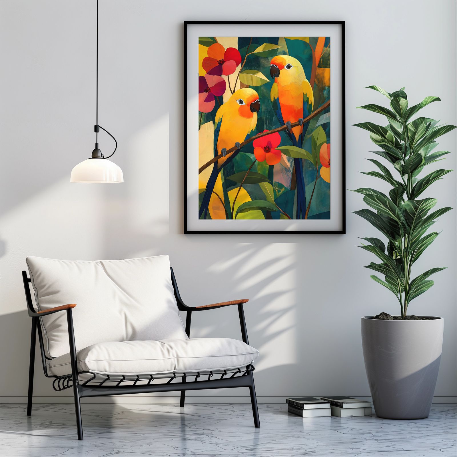 Floral Parakeets shown in a room — room mockup