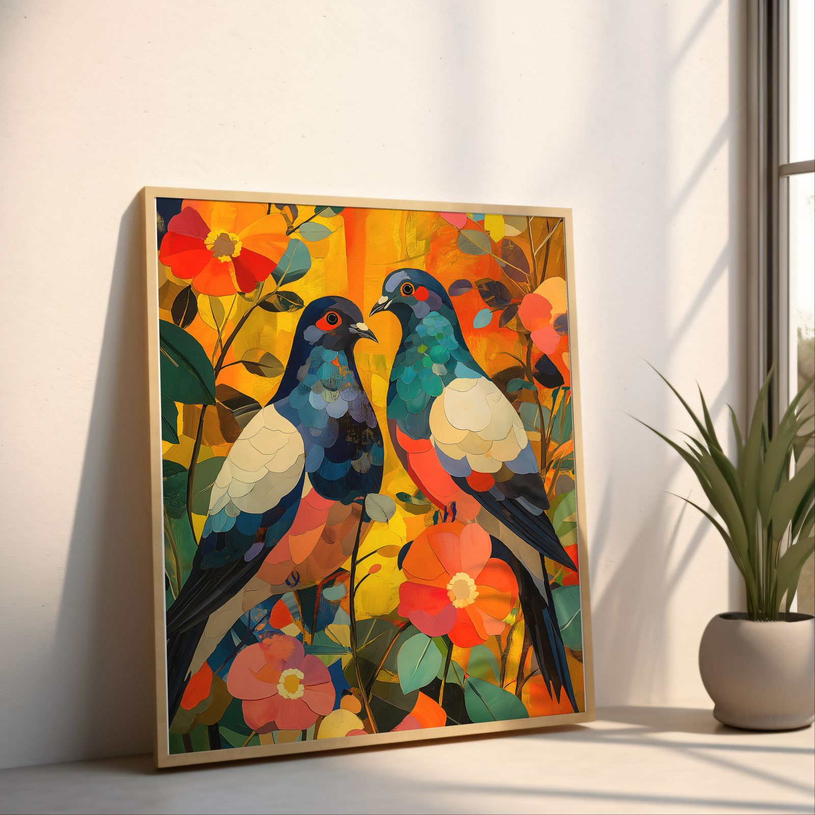 Floral Pigeons shown in a room — angled mockup