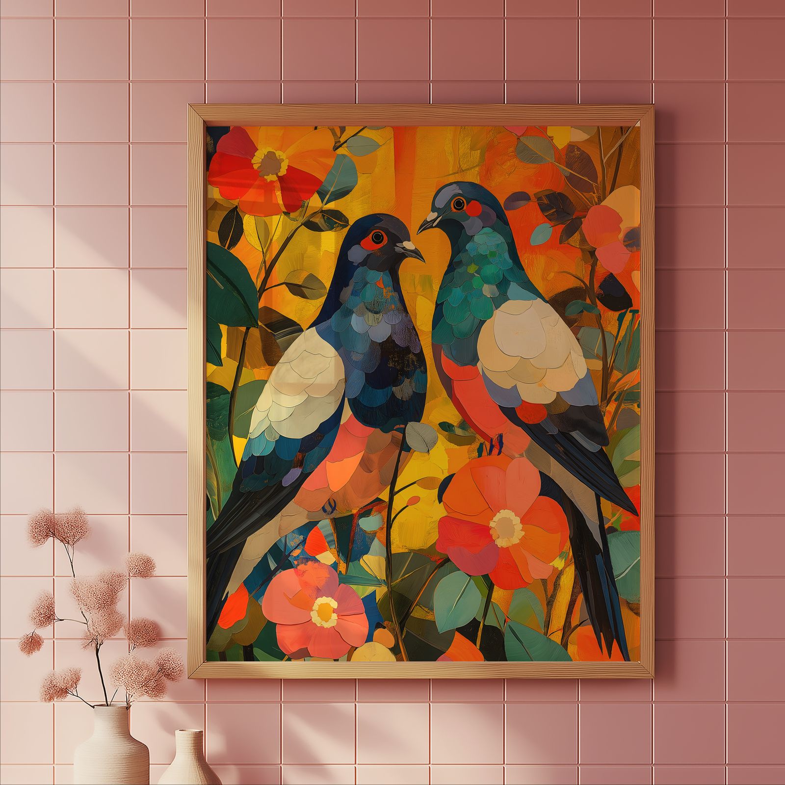 Floral Pigeons shown in a room — tile mockup