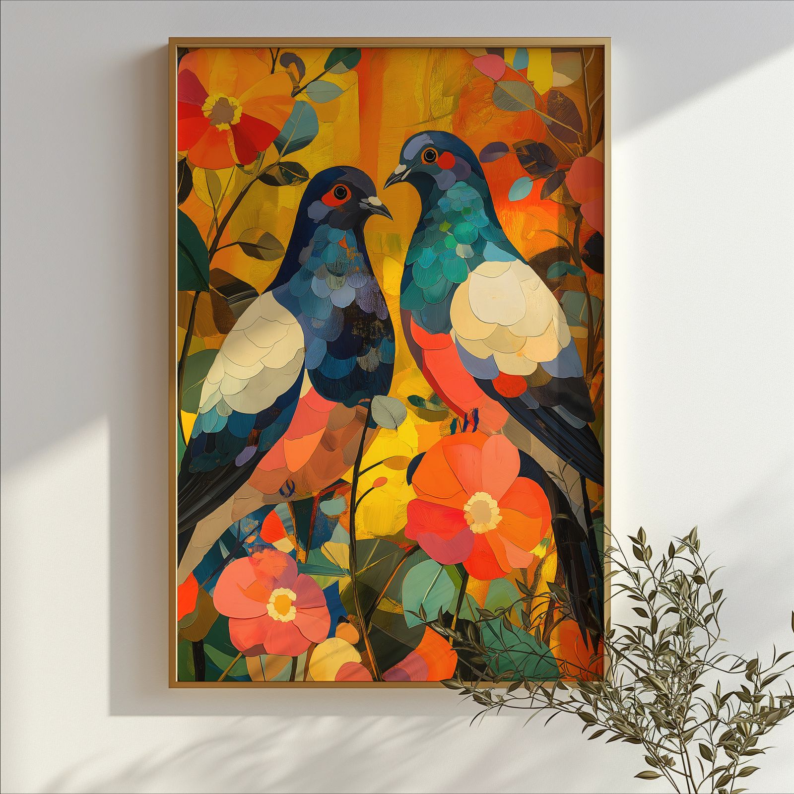 Floral Pigeons shown in a room — branch mockup