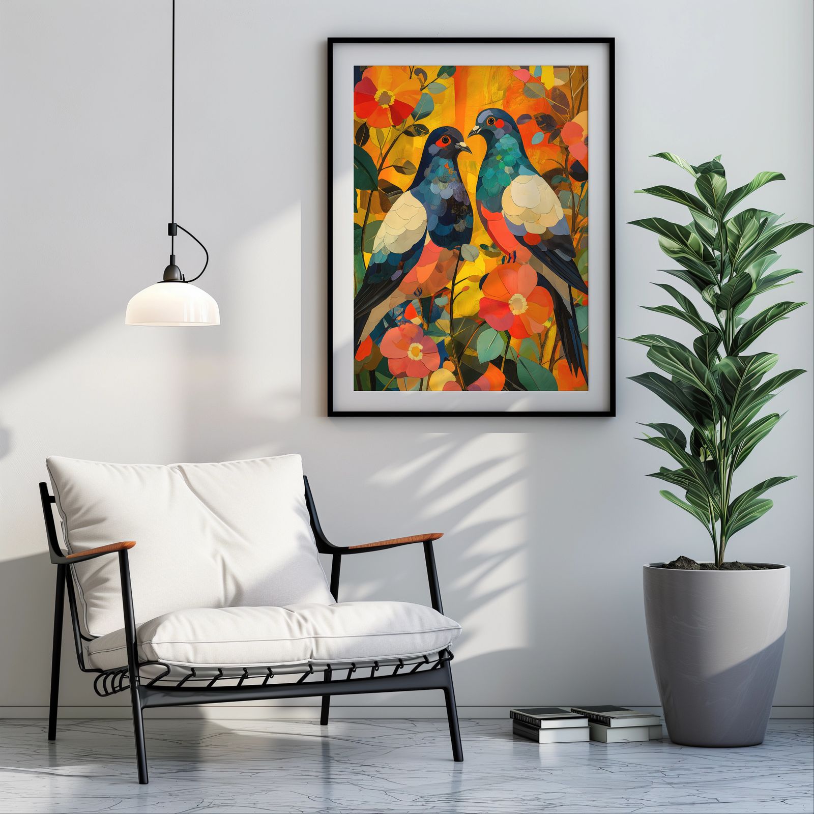 Floral Pigeons shown in a room — room mockup