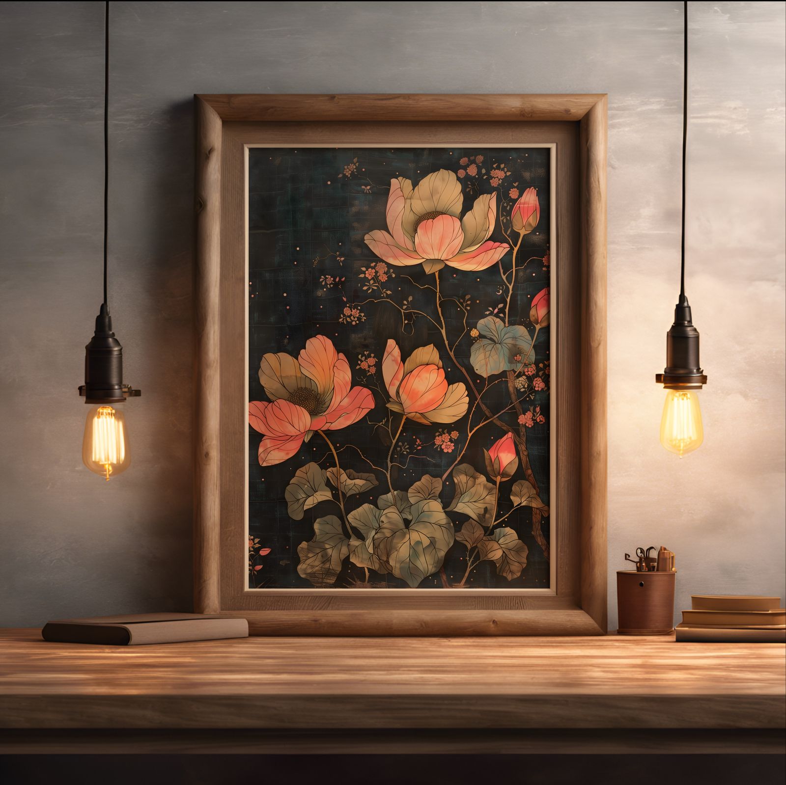 Floral Wood Cut shown in a room — desk mockup