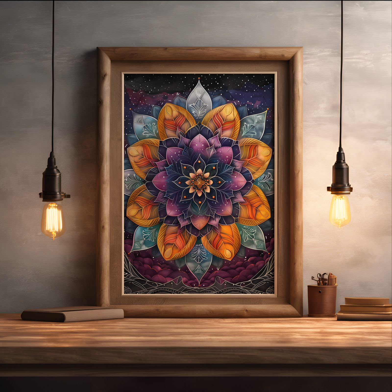 Starry Mandala shown in a room — desk mockup