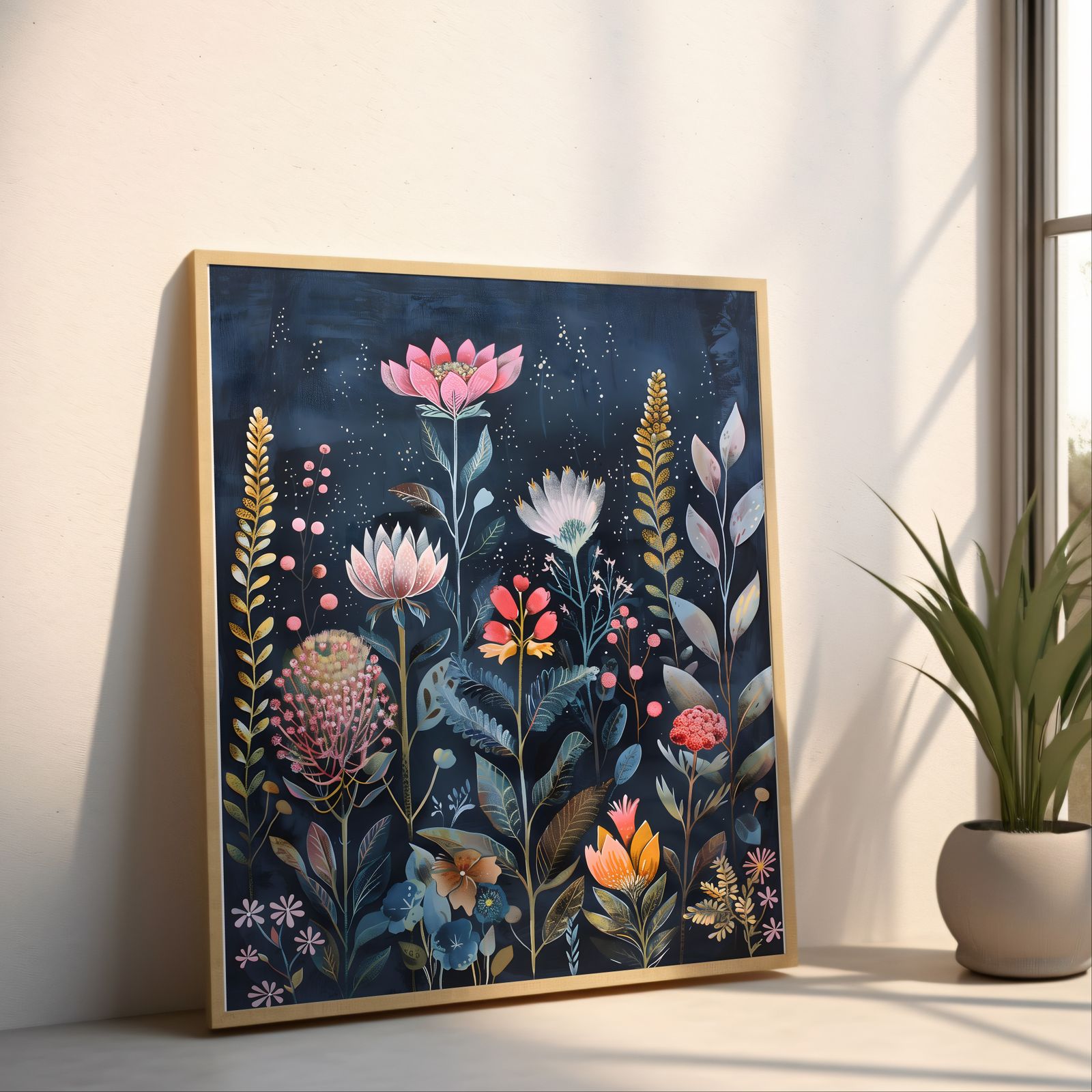 Flowers in Navy shown in a room — angled mockup