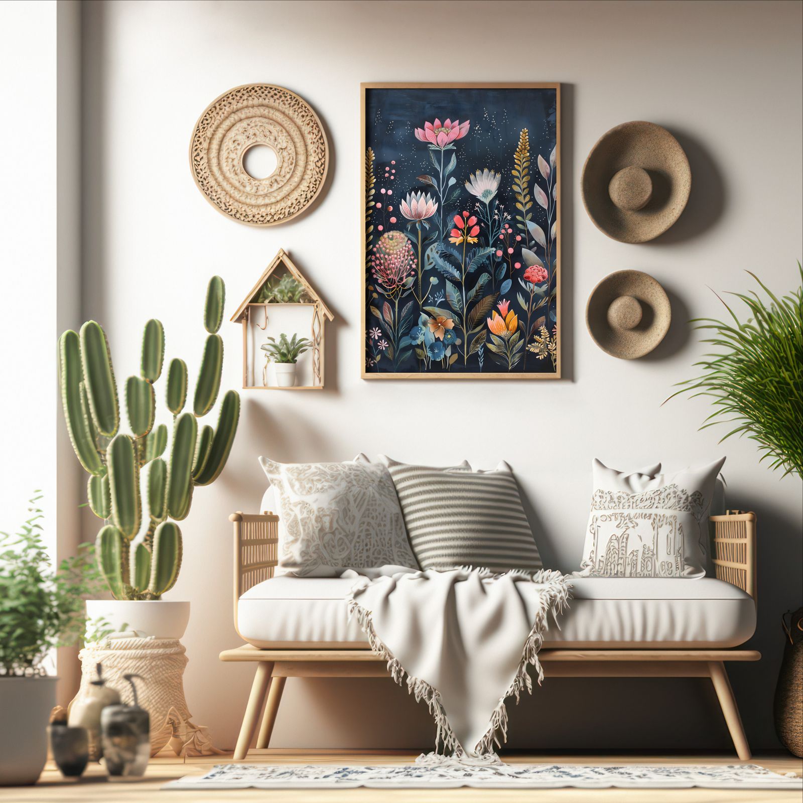 Flowers in Navy shown in a room — boho mockup
