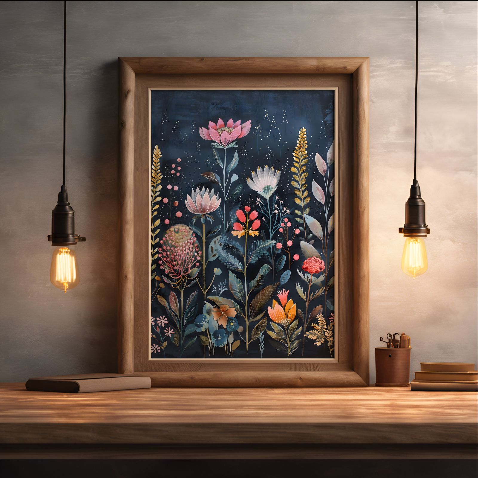 Flowers in Navy shown in a room — desk mockup