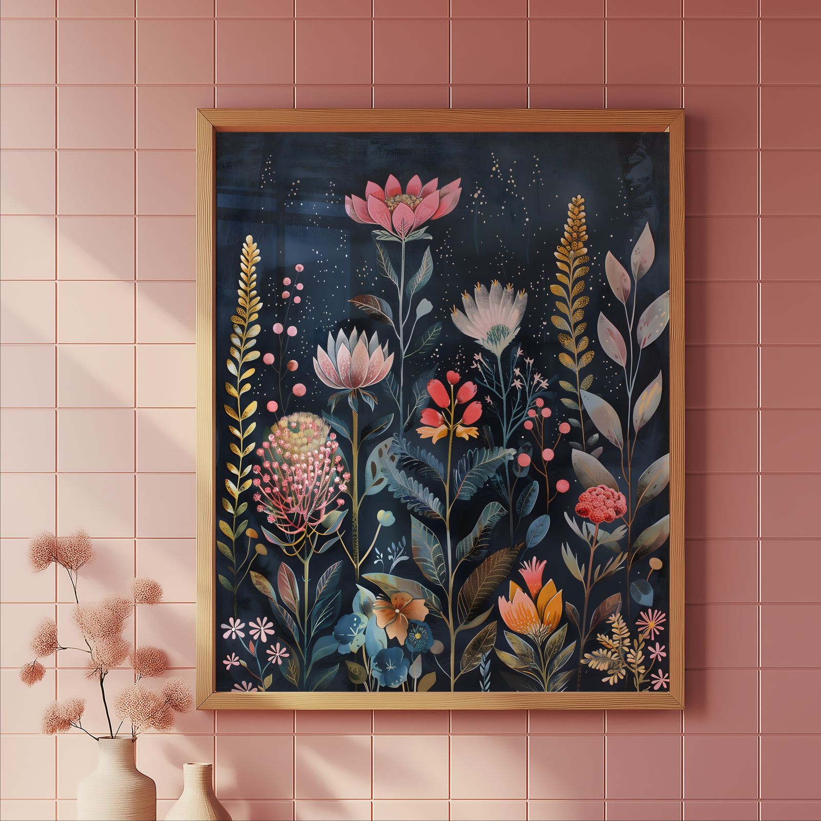 Flowers in Navy shown in a room — tile mockup