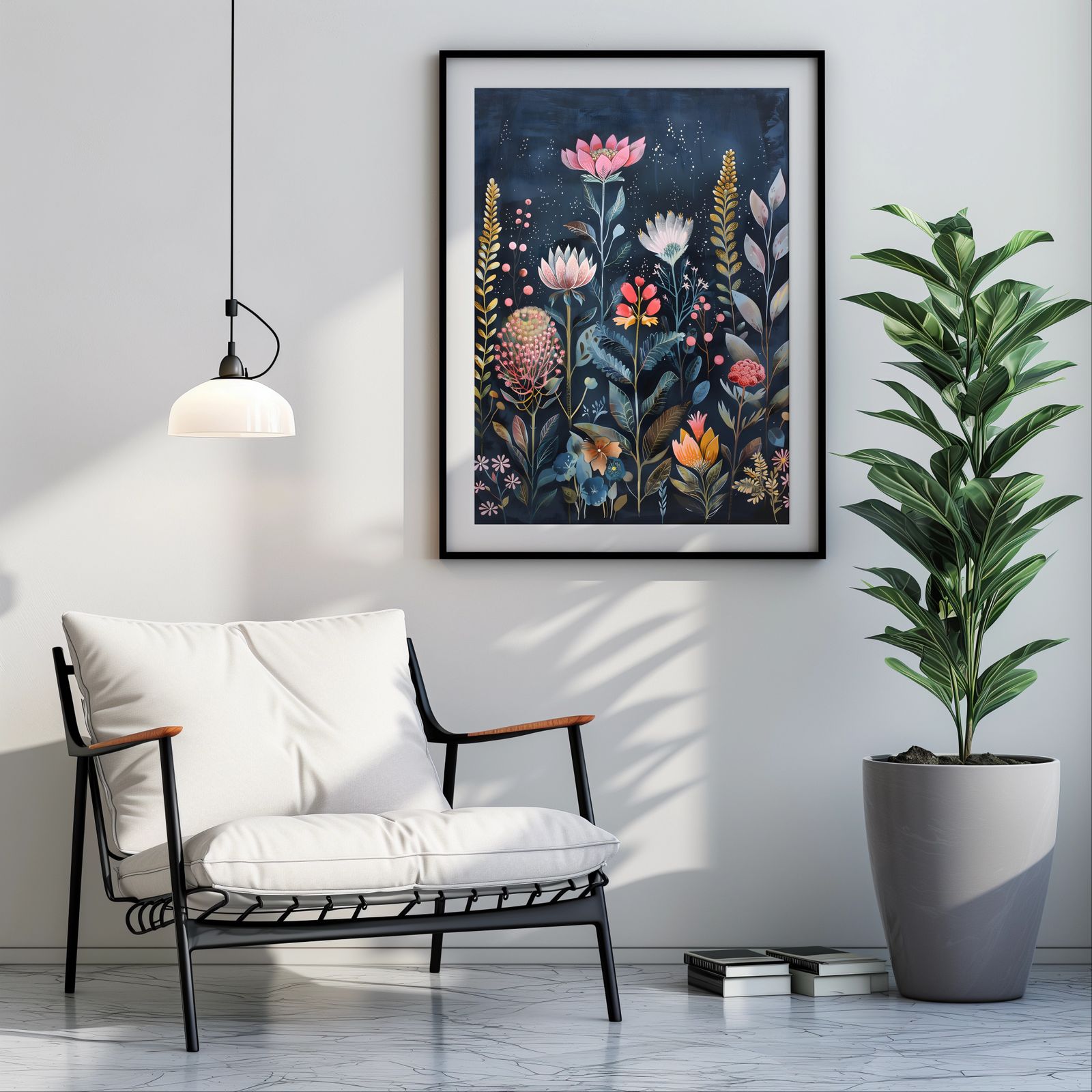 Flowers in Navy shown in a room — room mockup