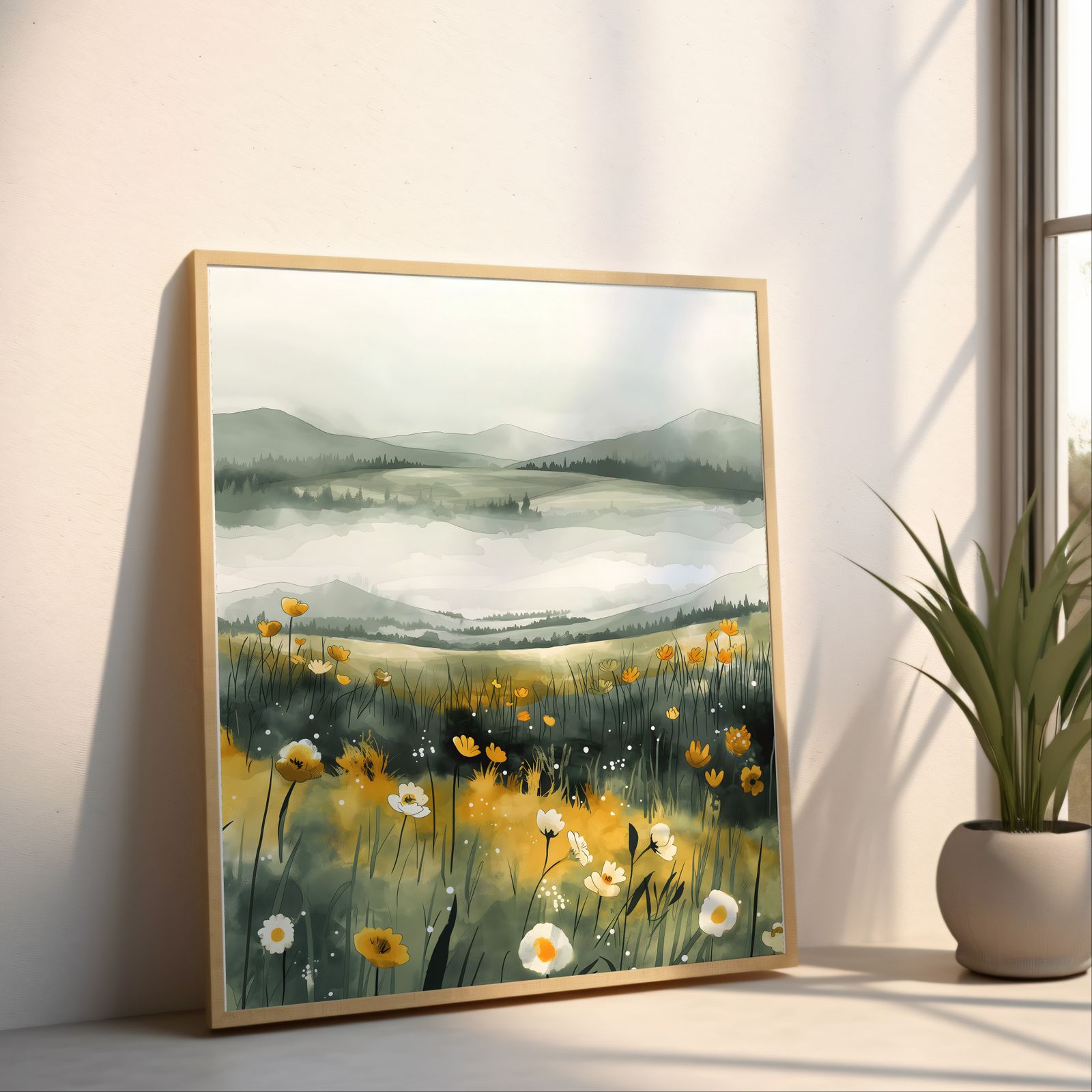 Foggy Meadow shown in a room — angled mockup