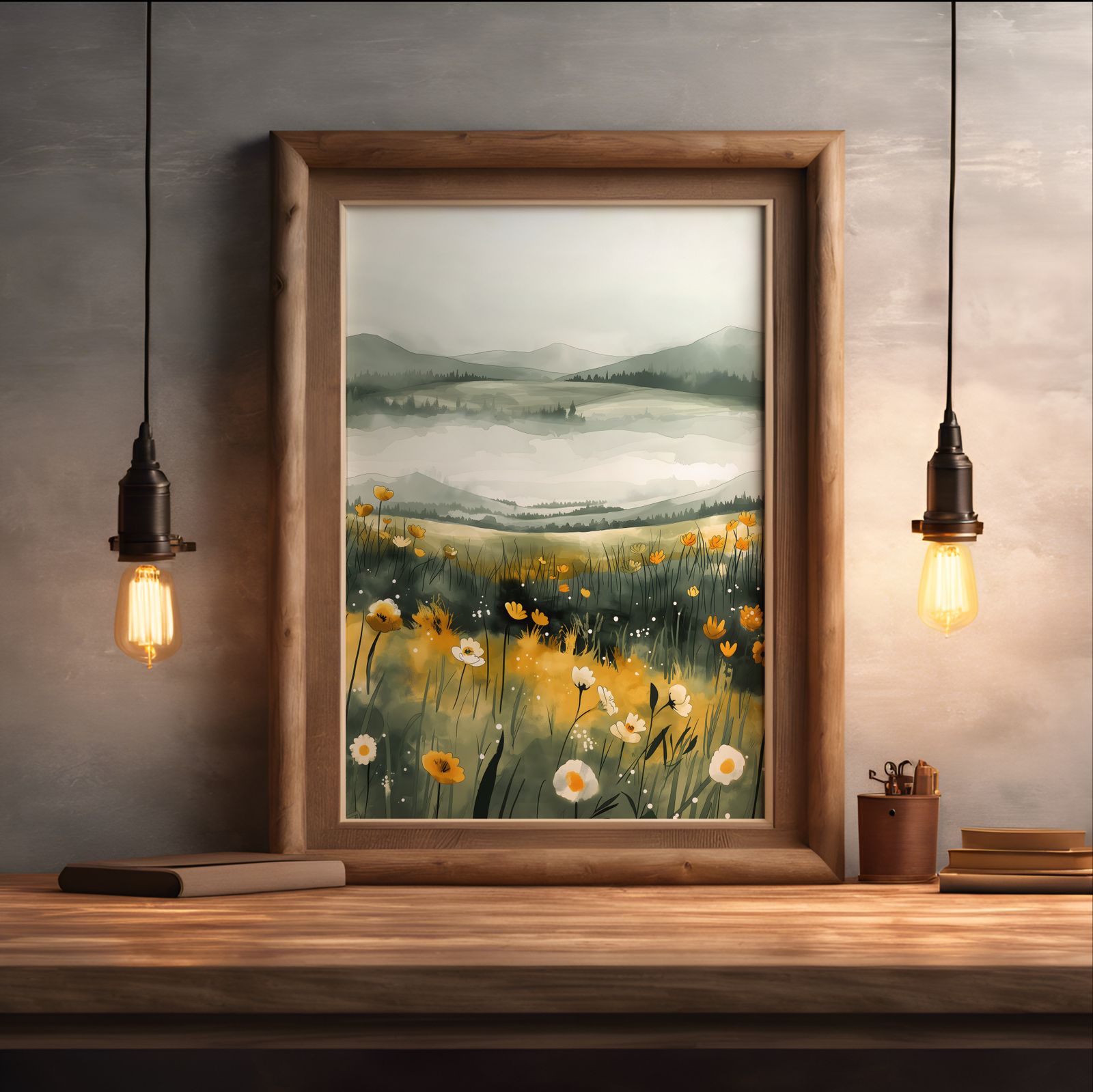 Foggy Meadow shown in a room — desk mockup