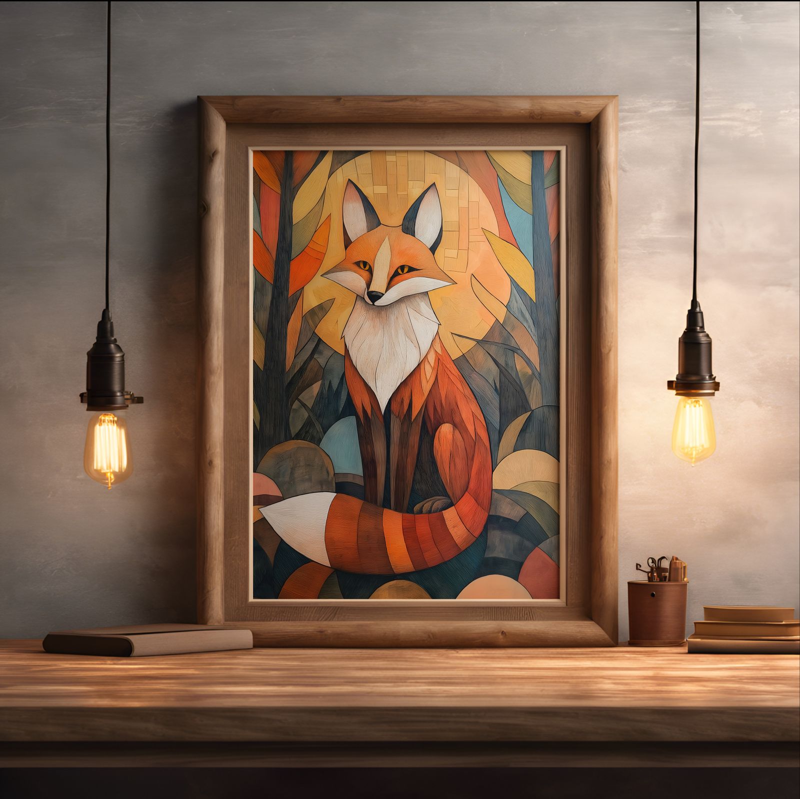 Fox at Dusk shown in a room — desk mockup