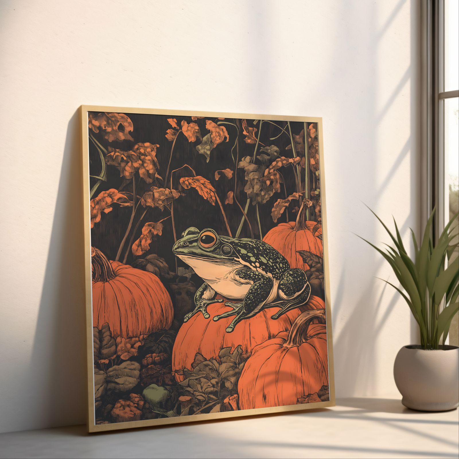 Frog in the Pumpkin Patch shown in a room — angled mockup