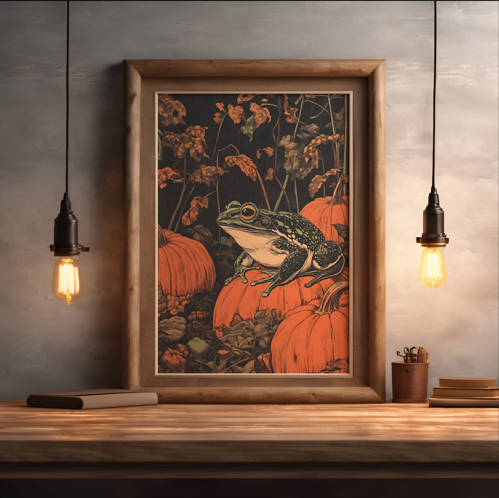 Frog in the Pumpkin Patch shown in a room — desk mockup