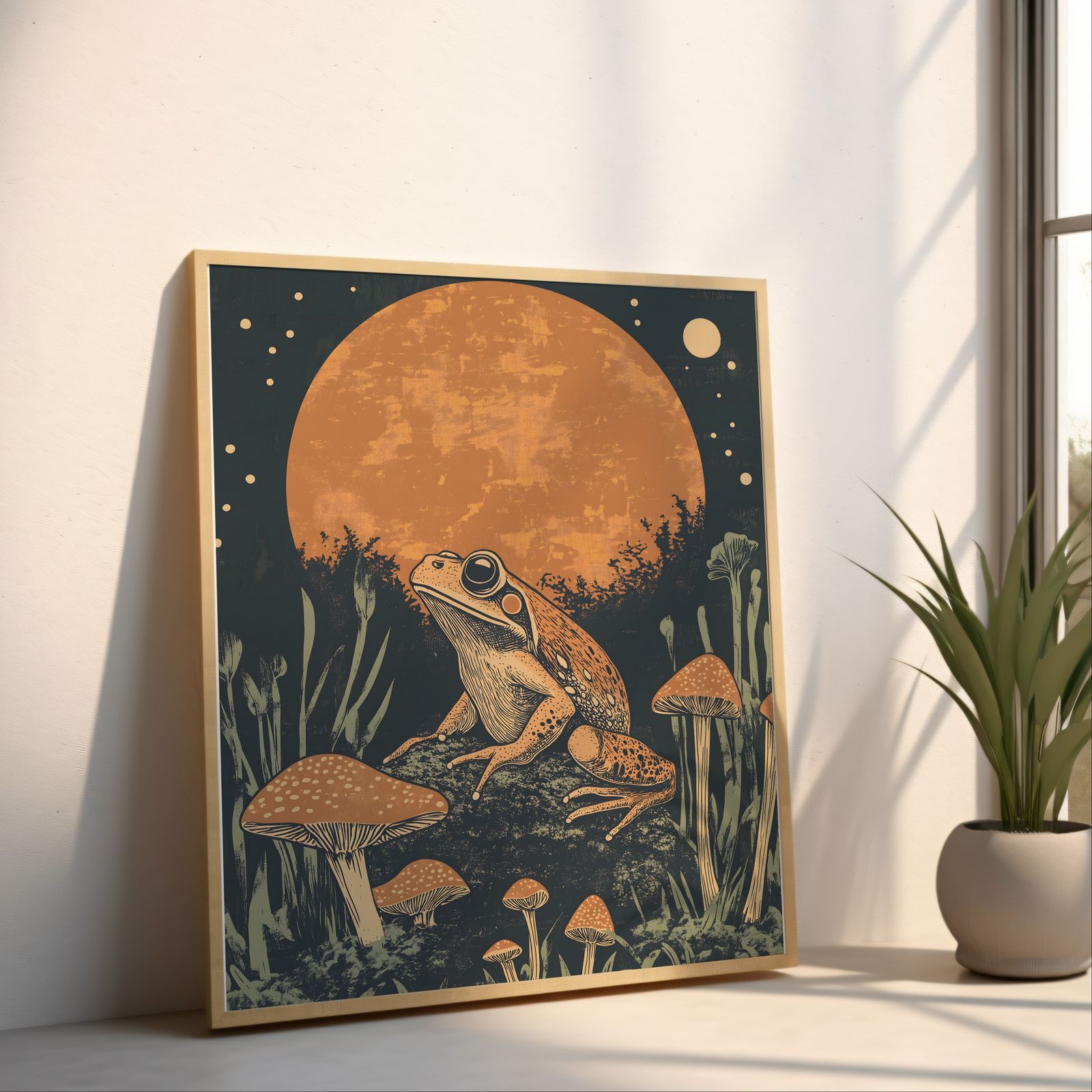 Frog on Mushrooms shown in a room — angled mockup
