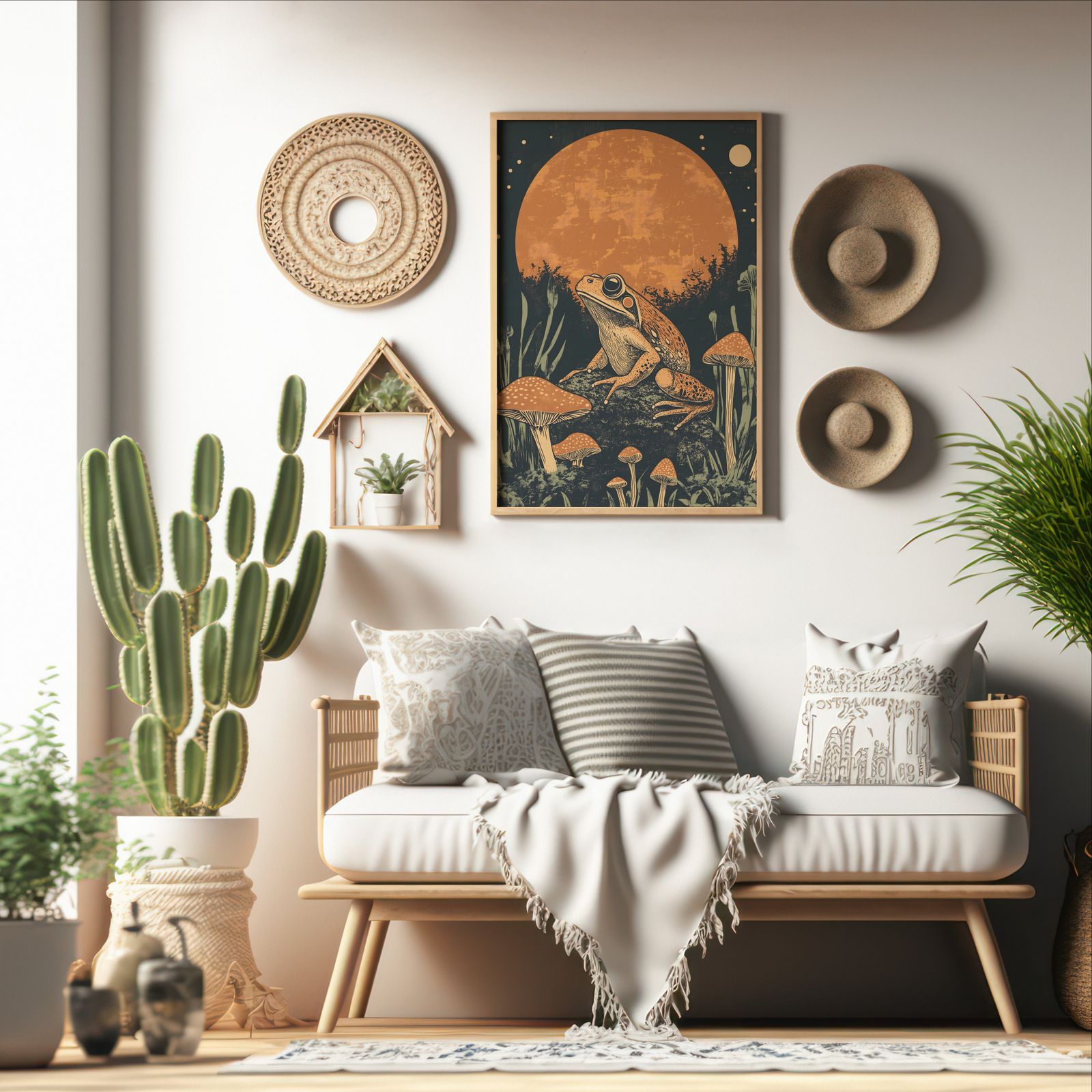 Frog on Mushrooms shown in a room — boho mockup