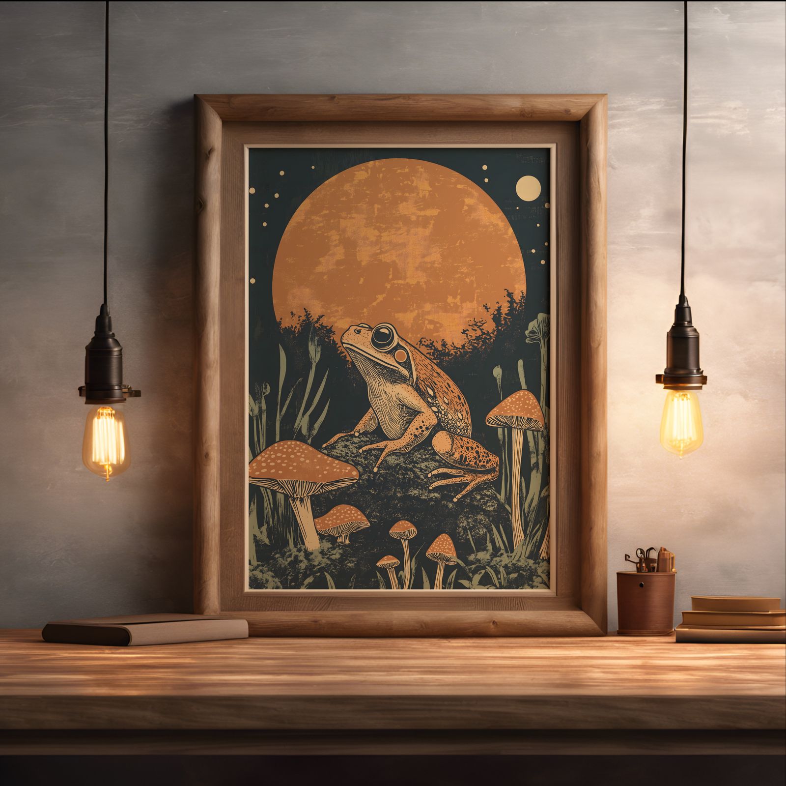 Frog on Mushrooms shown in a room — desk mockup
