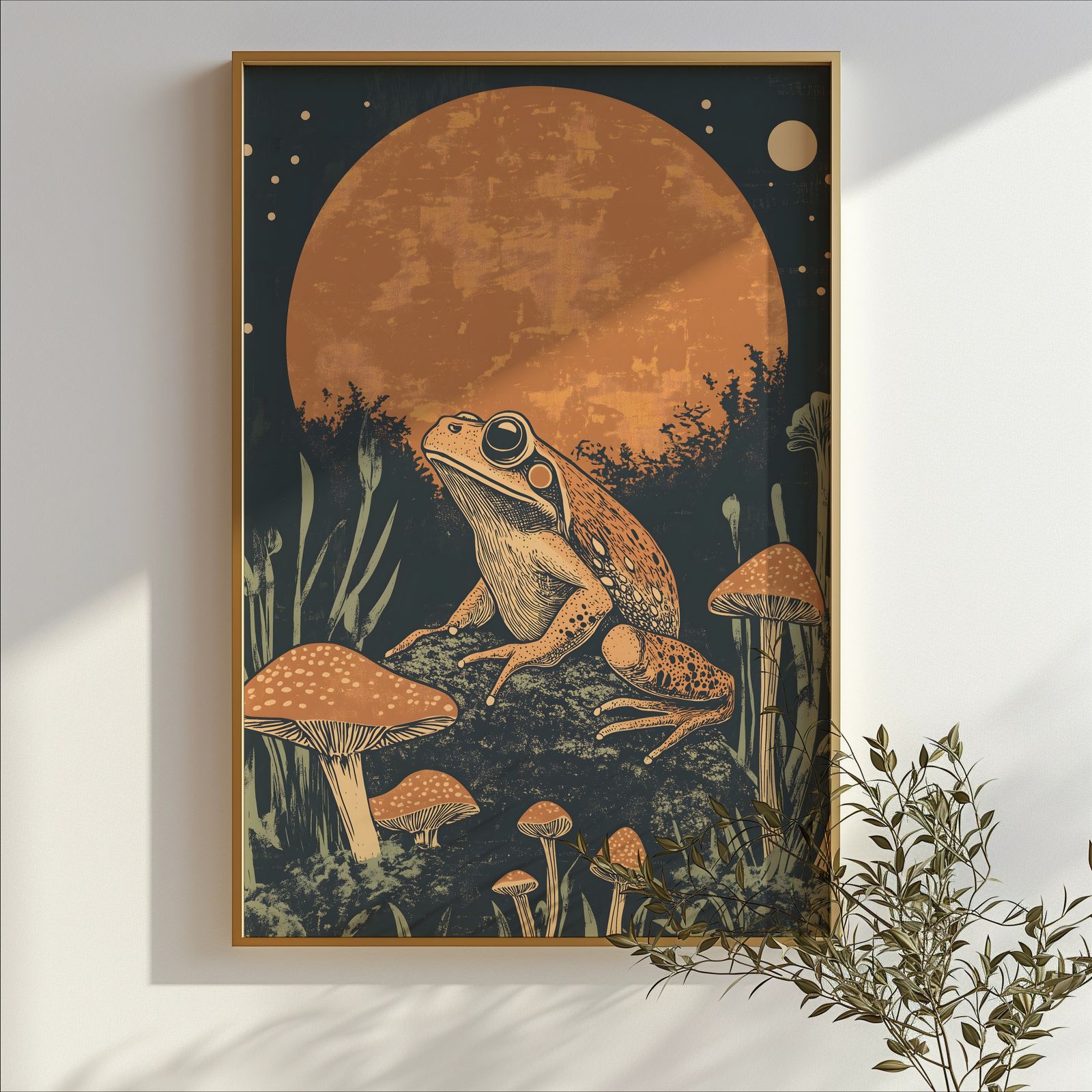 Frog on Mushrooms shown in a room — branch mockup