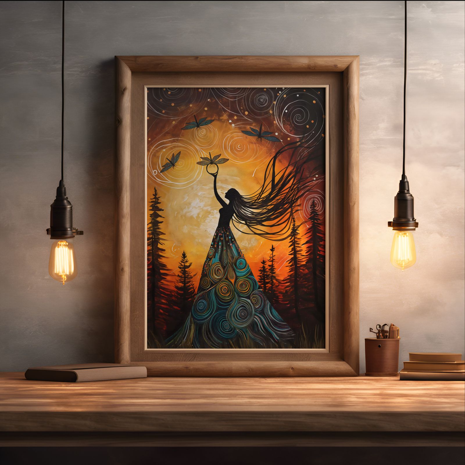 Gaia Dance with Dragonflies shown in a room — desk mockup