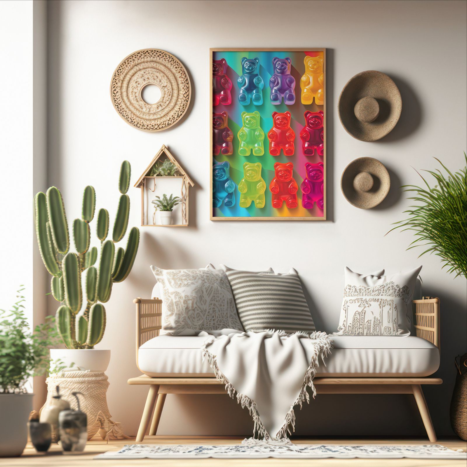 Gummy Bears shown in a room — boho mockup