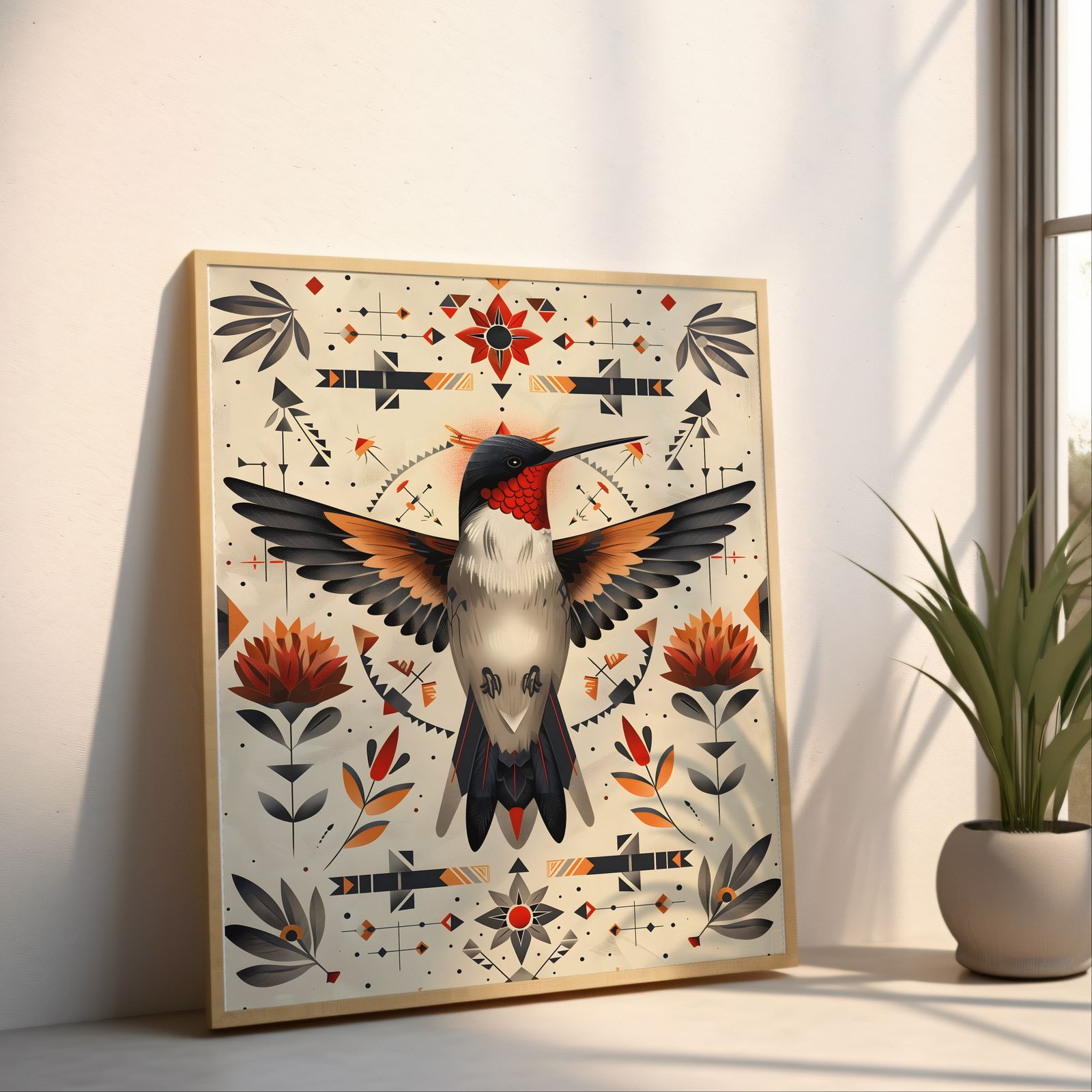 Hummingbird Mandala shown in a room — angled mockup