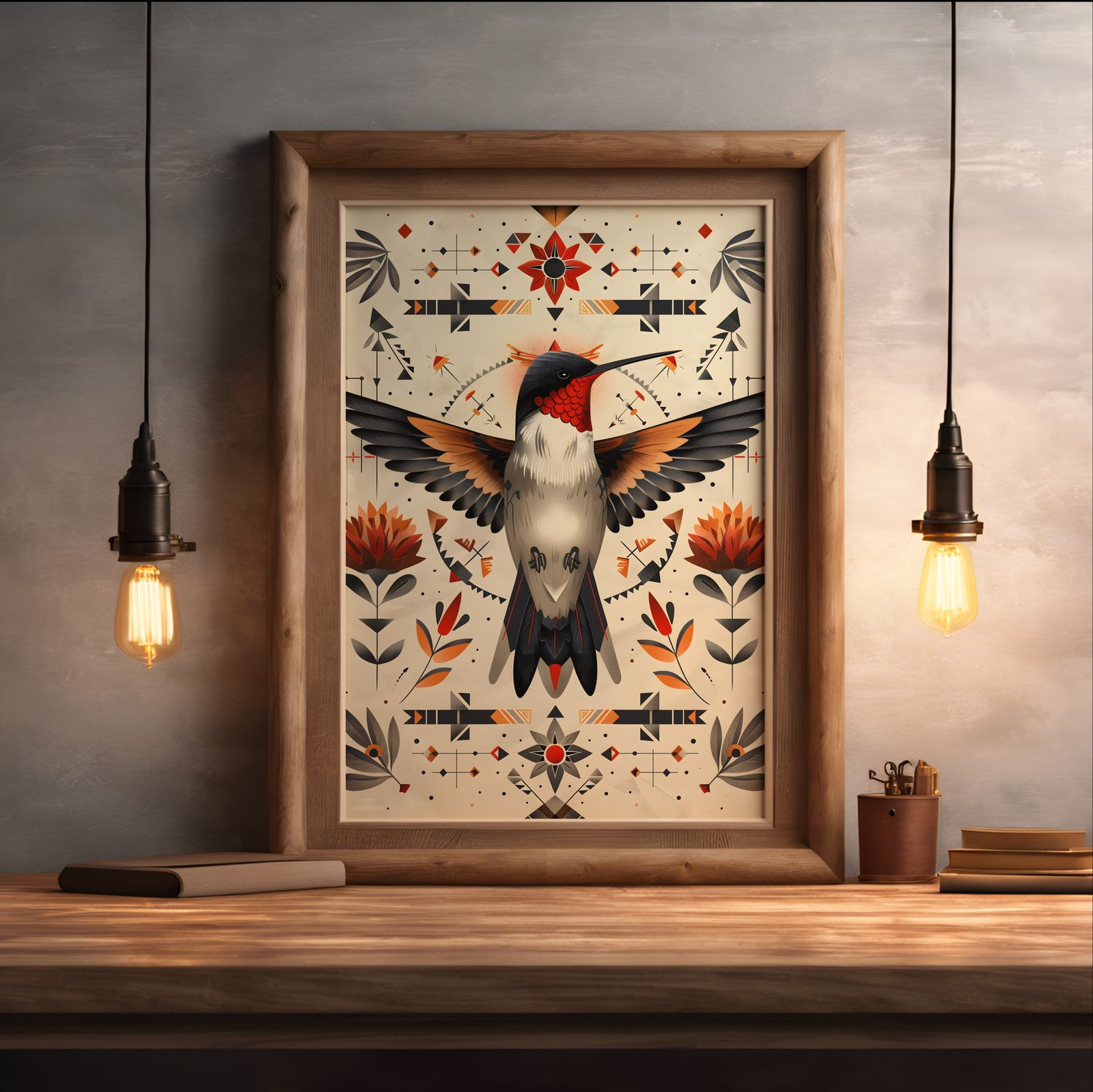 Hummingbird Mandala shown in a room — desk mockup