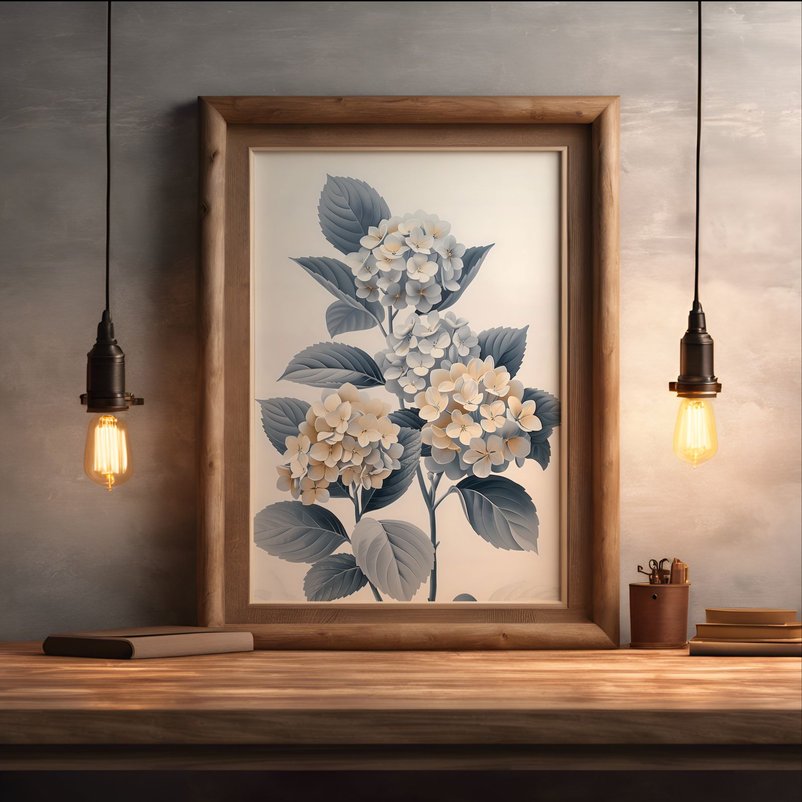 Hydrangea Blue shown in a room — desk mockup